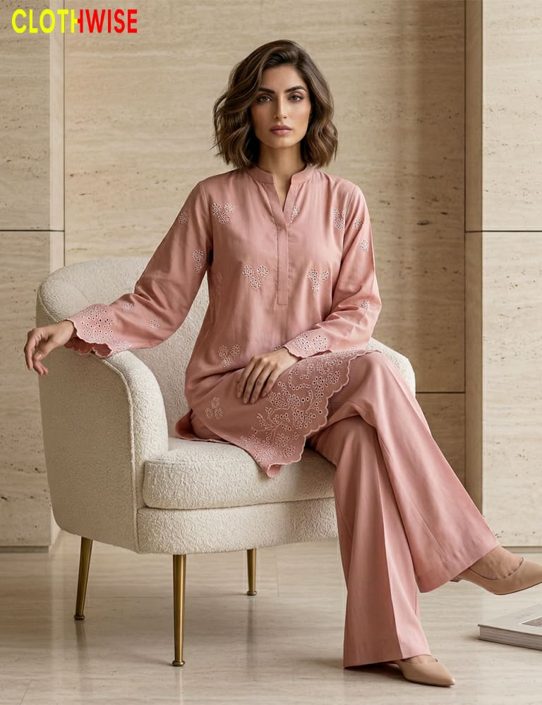 Zimal - Cotton Embroidered Chikan Kari Dusty Rose Co-ord Set