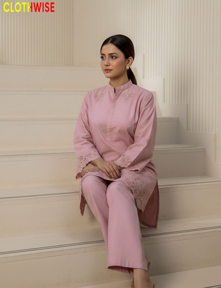 Woman wearing a pink traditional outfit sitting on steps with 'Clothewise' branding.