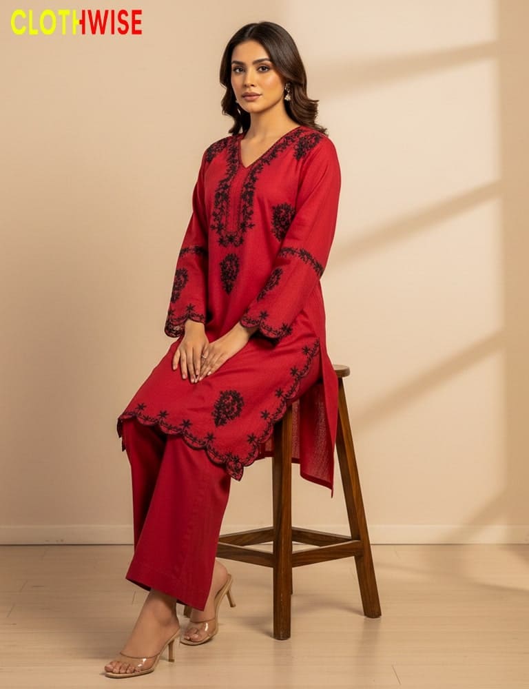 Woman in a red outfit with black patterns sitting on a wooden stool against a beige background, with 'ClothWise' branding.
