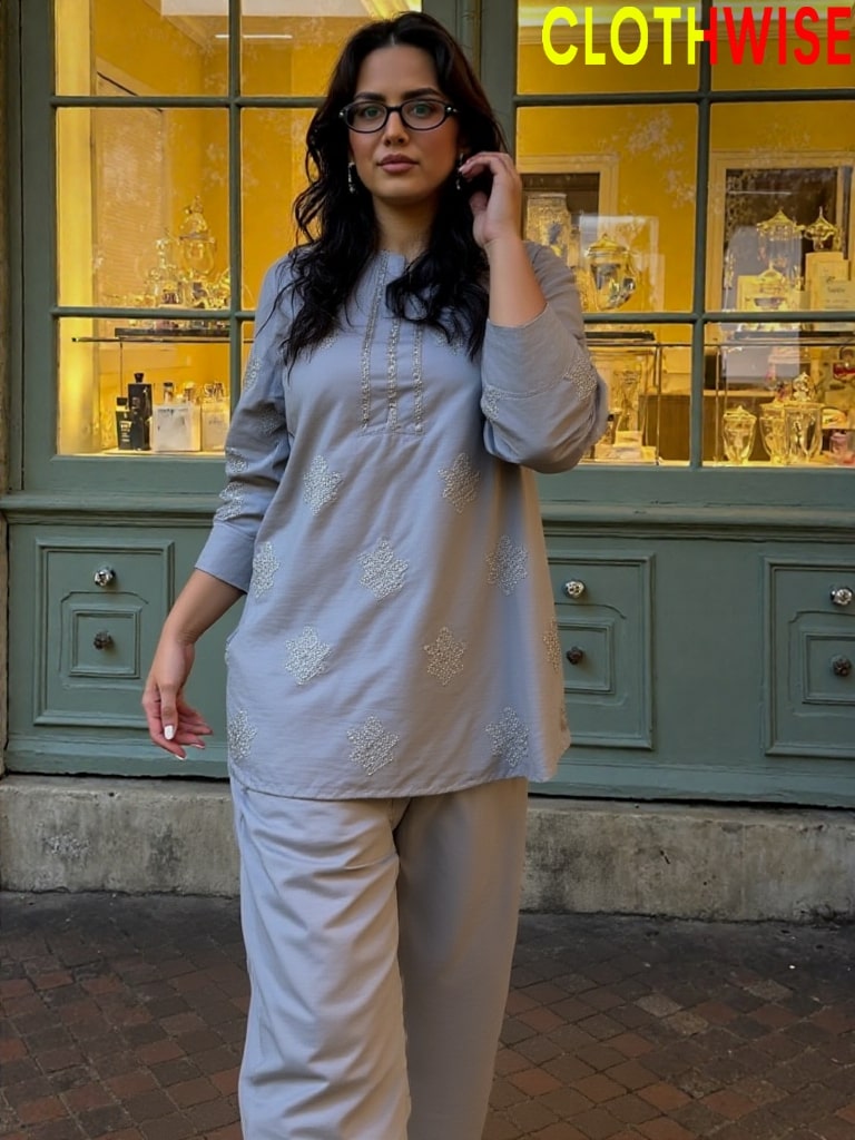 Woman wearing a light blue embroidered top and beige pants standing in front of a store with 'ClothWise' branding.
