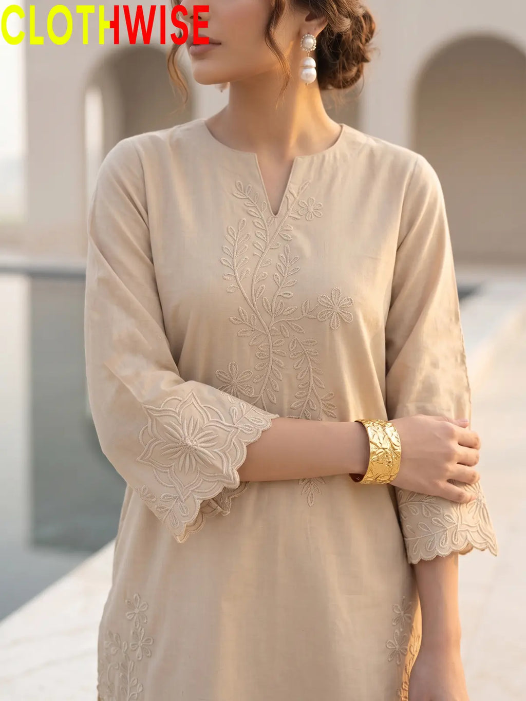 Gulkari Beige 2-Piece Embroidered Suit - close-up embroidery and scallop cutwork detail