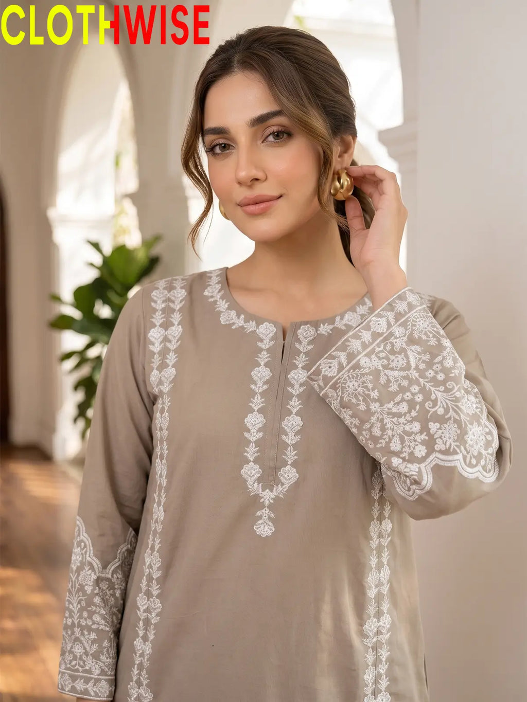 Aina Beige 2-piece embroidered stitched cotton suit with flapper bottom