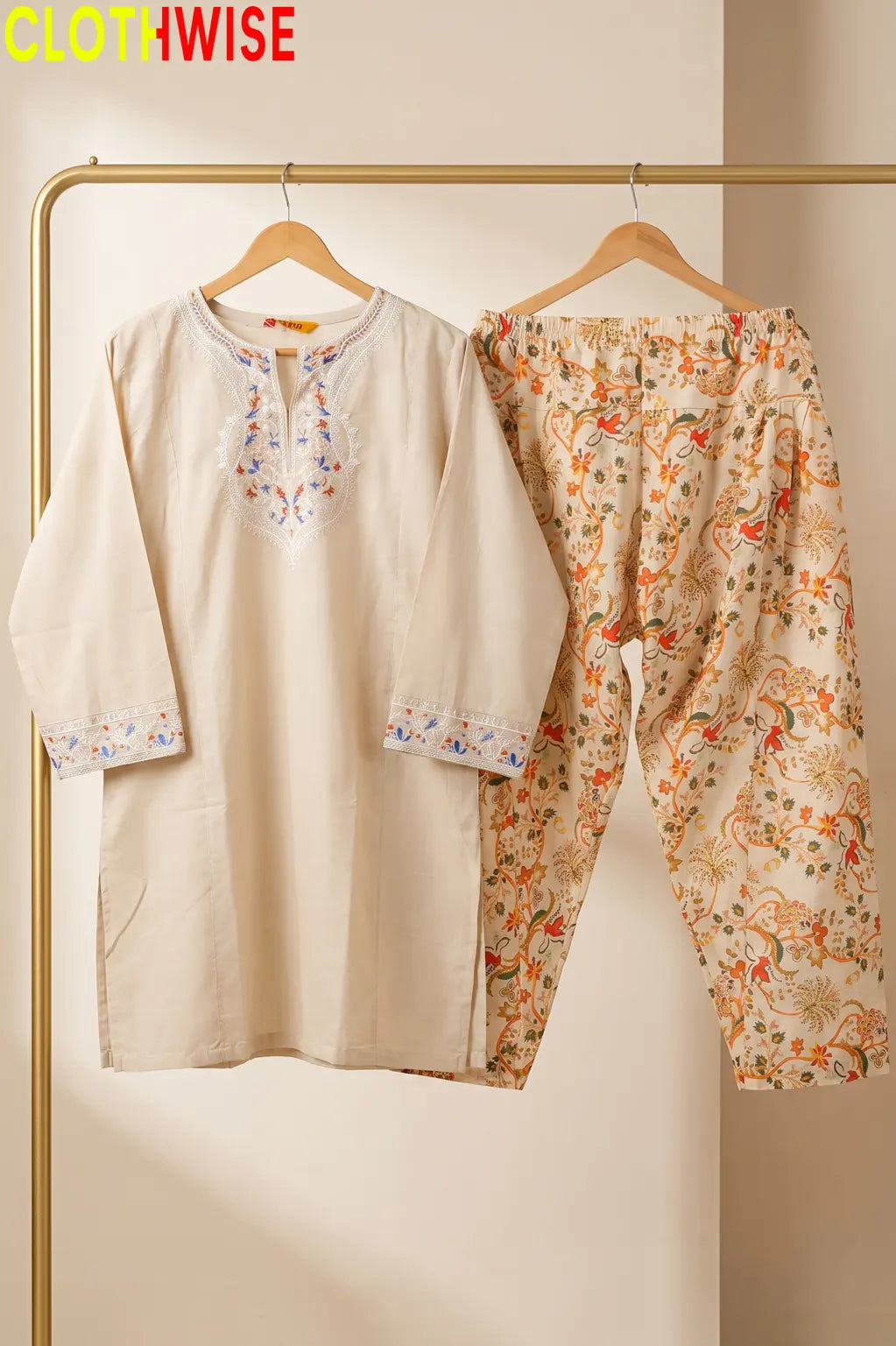 Ishq Beige Embroidered Cotton Suit – Hanger View