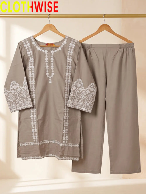 Aina Beige 2-piece embroidered stitched cotton suit with flapper bottom