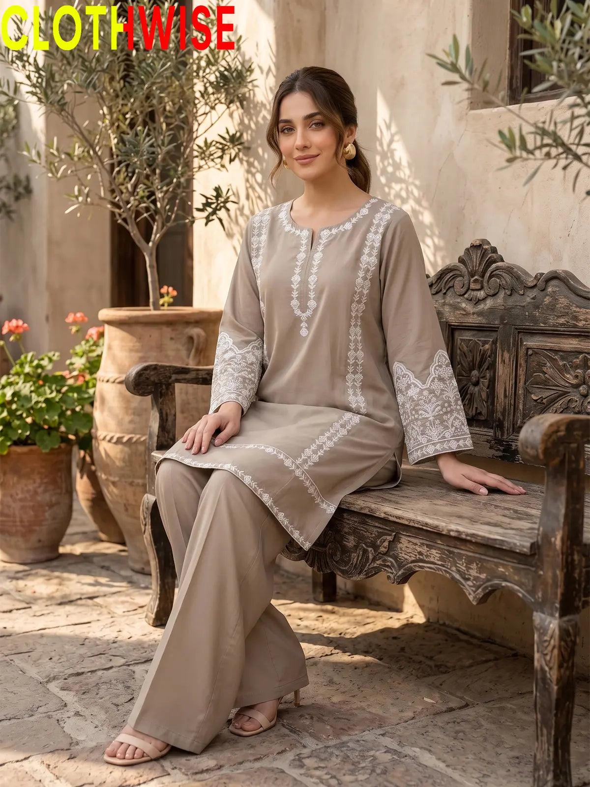 Aina Beige 2-piece embroidered stitched cotton suit with flapper bottom