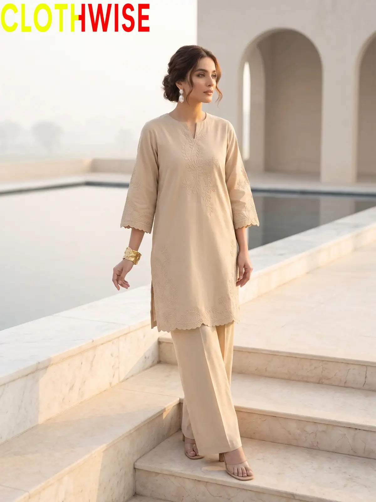 Gulkari Beige 2-Piece Embroidered Suit - standing view