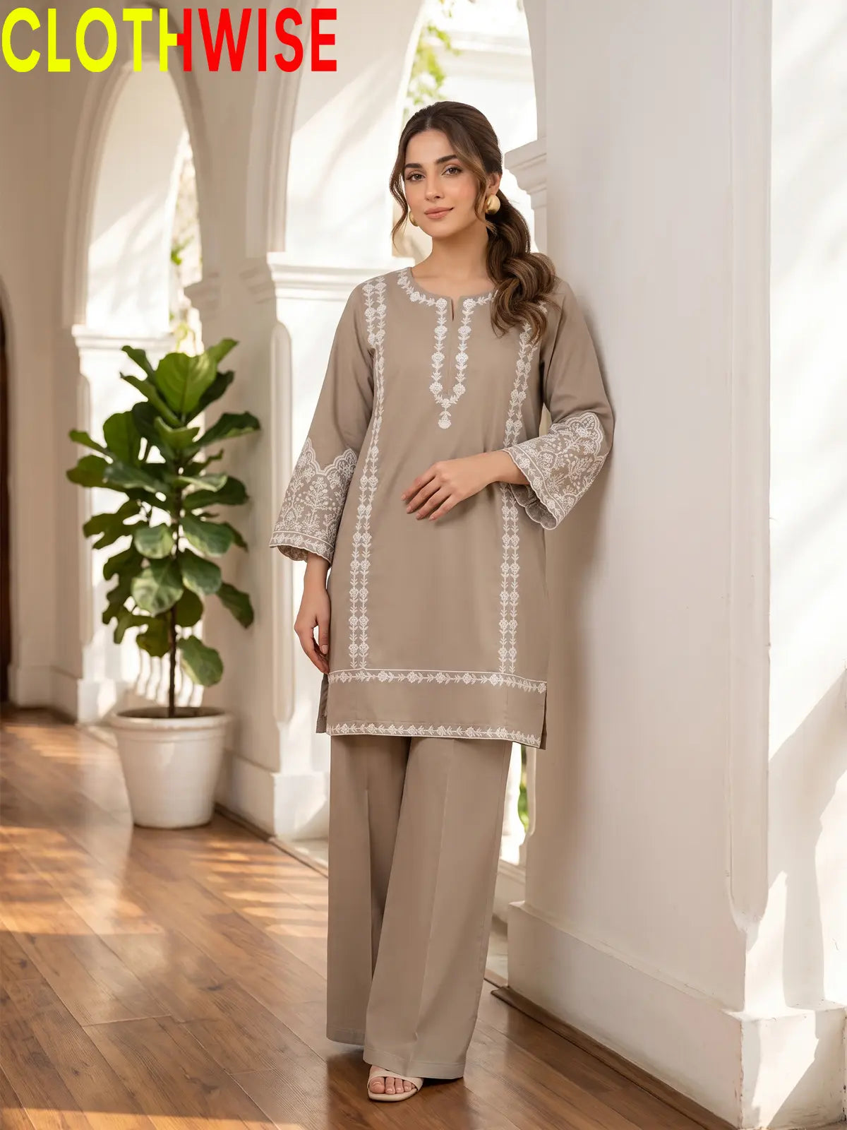 Aina Beige 2-piece embroidered stitched cotton suit with flapper bottom