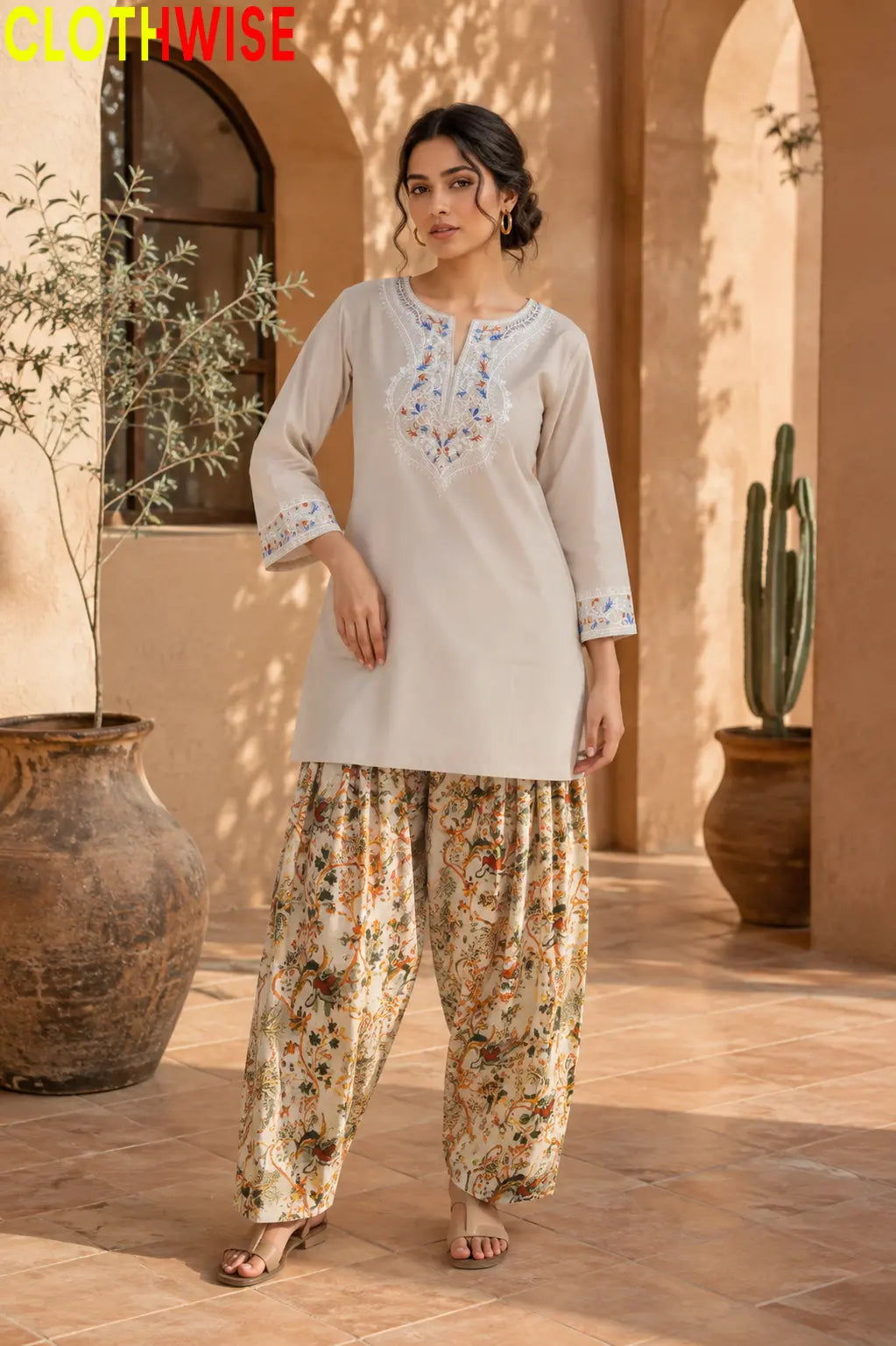 Ishq Beige Embroidered Cotton Suit – Standing View