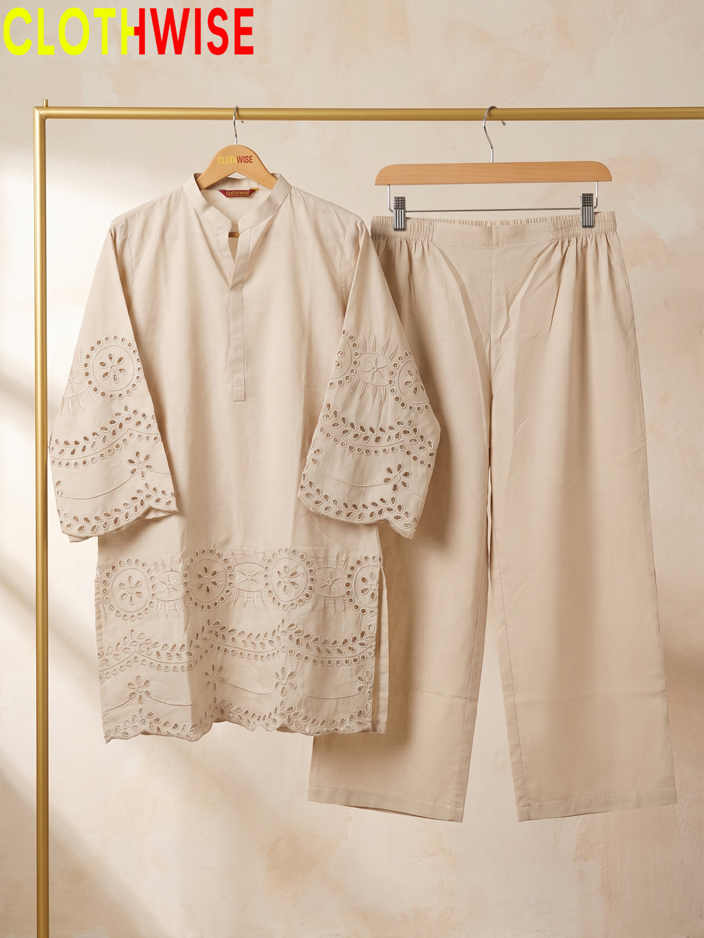 CottonCut Schiffli Embroidered Cotton 2-Piece Suit | Eyelet Kurta with Flapper
