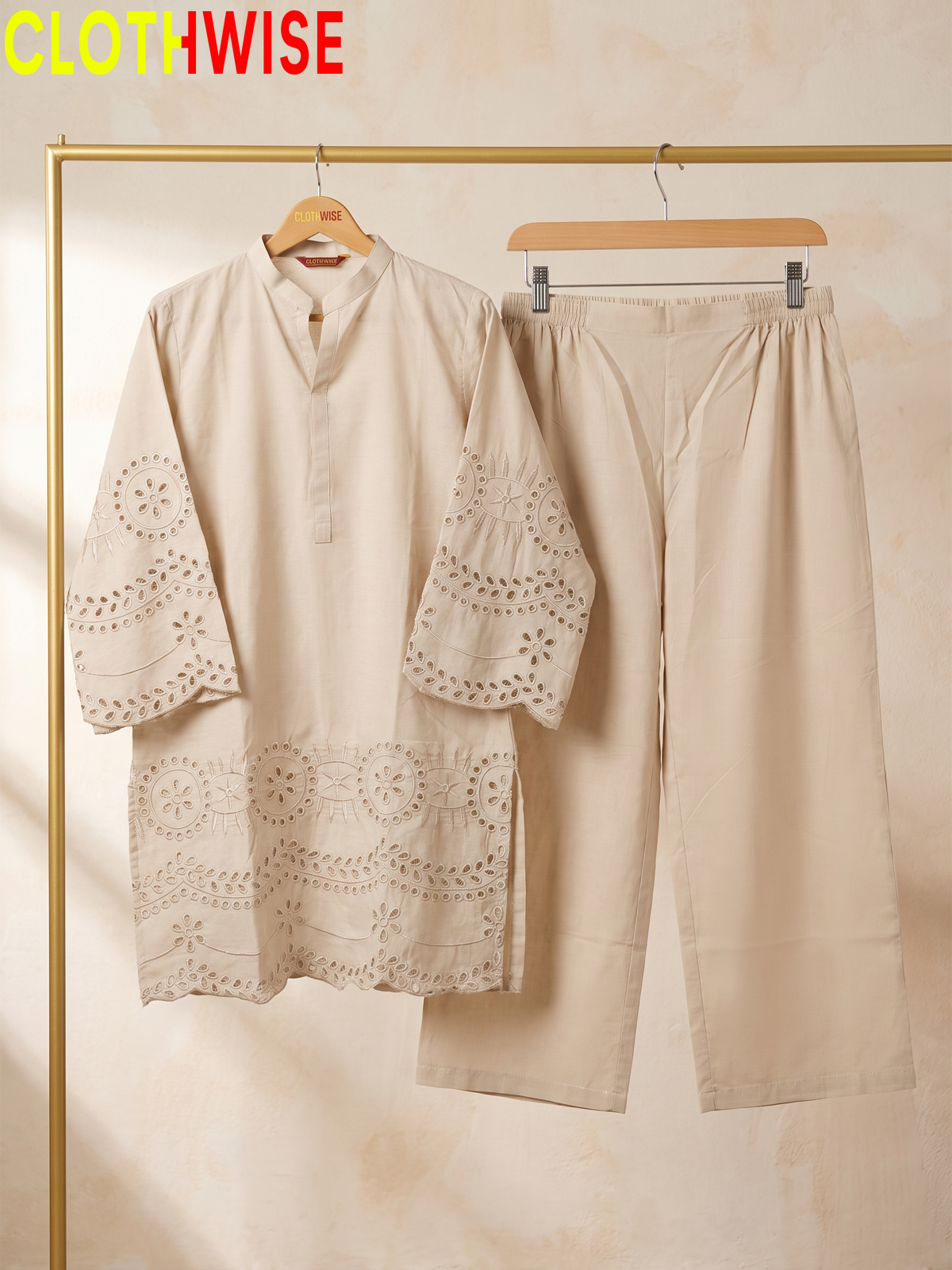 CottonCut Schiffli Embroidered Cotton 2-Piece Suit | Eyelet Kurta with Flapper