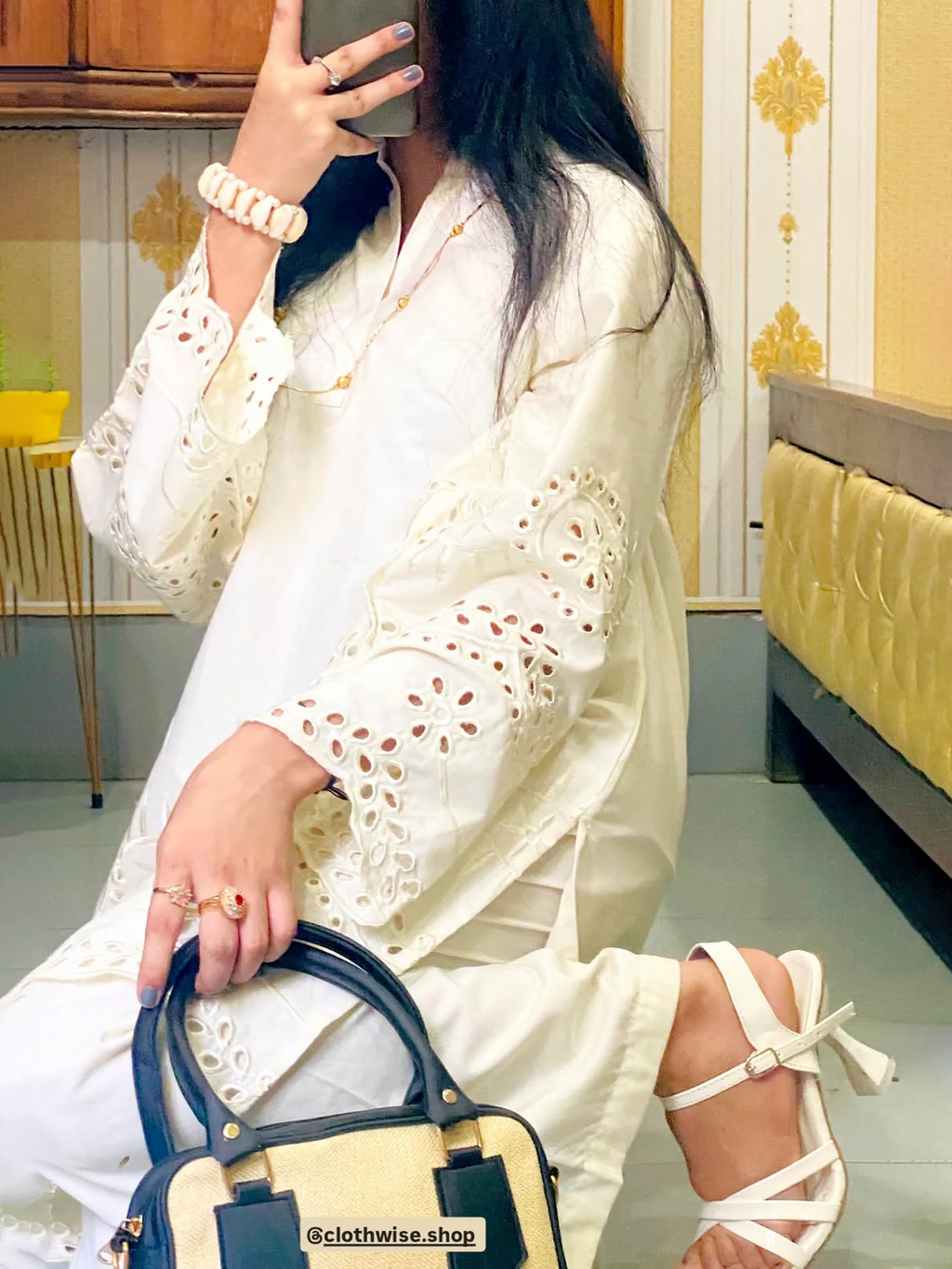 CottonCut Schiffli Embroidered Cotton 2-Piece Suit | Eyelet Kurta with Flapper