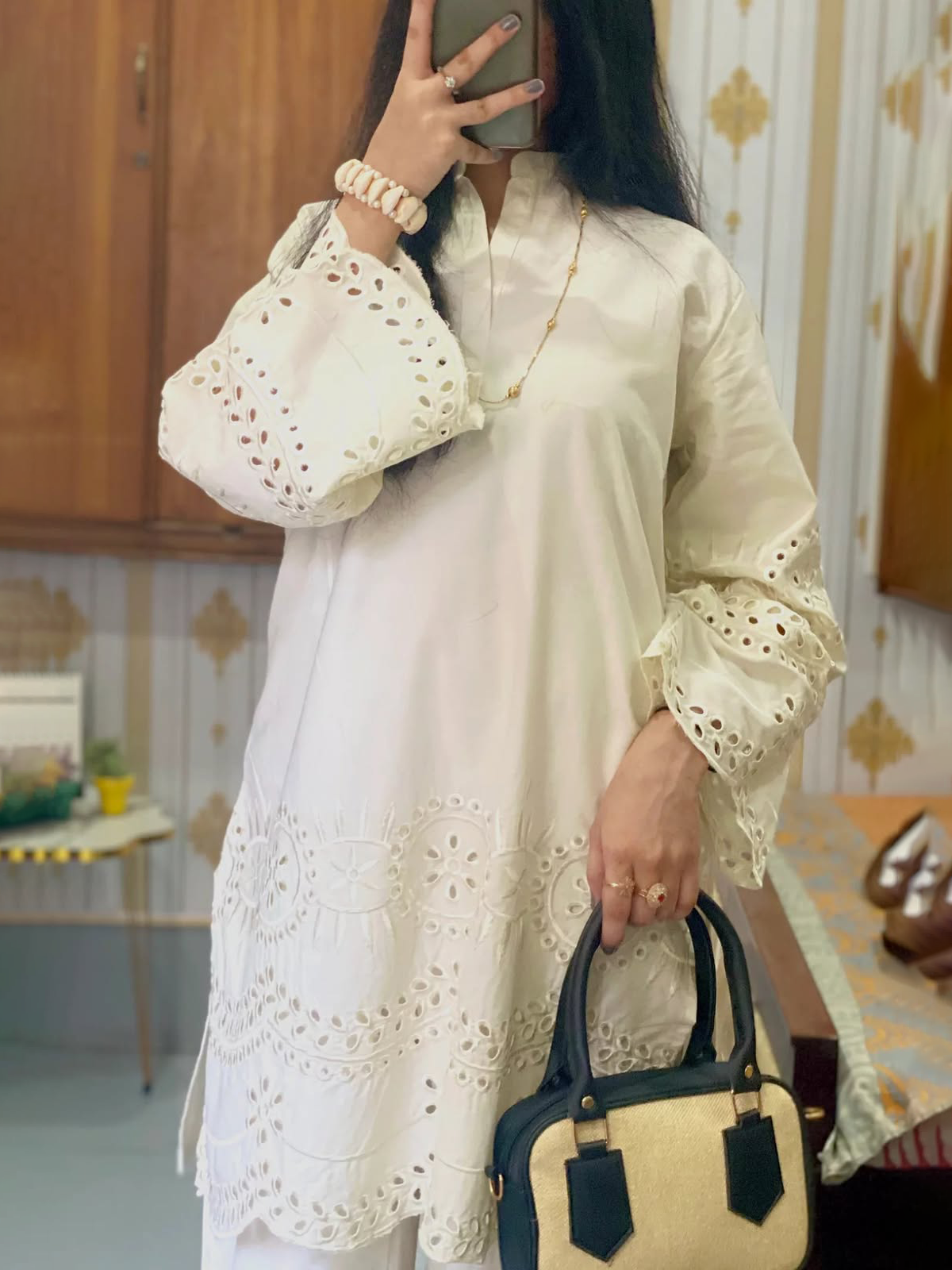CottonCut Schiffli Embroidered Cotton 2-Piece Suit | Eyelet Kurta with Flapper