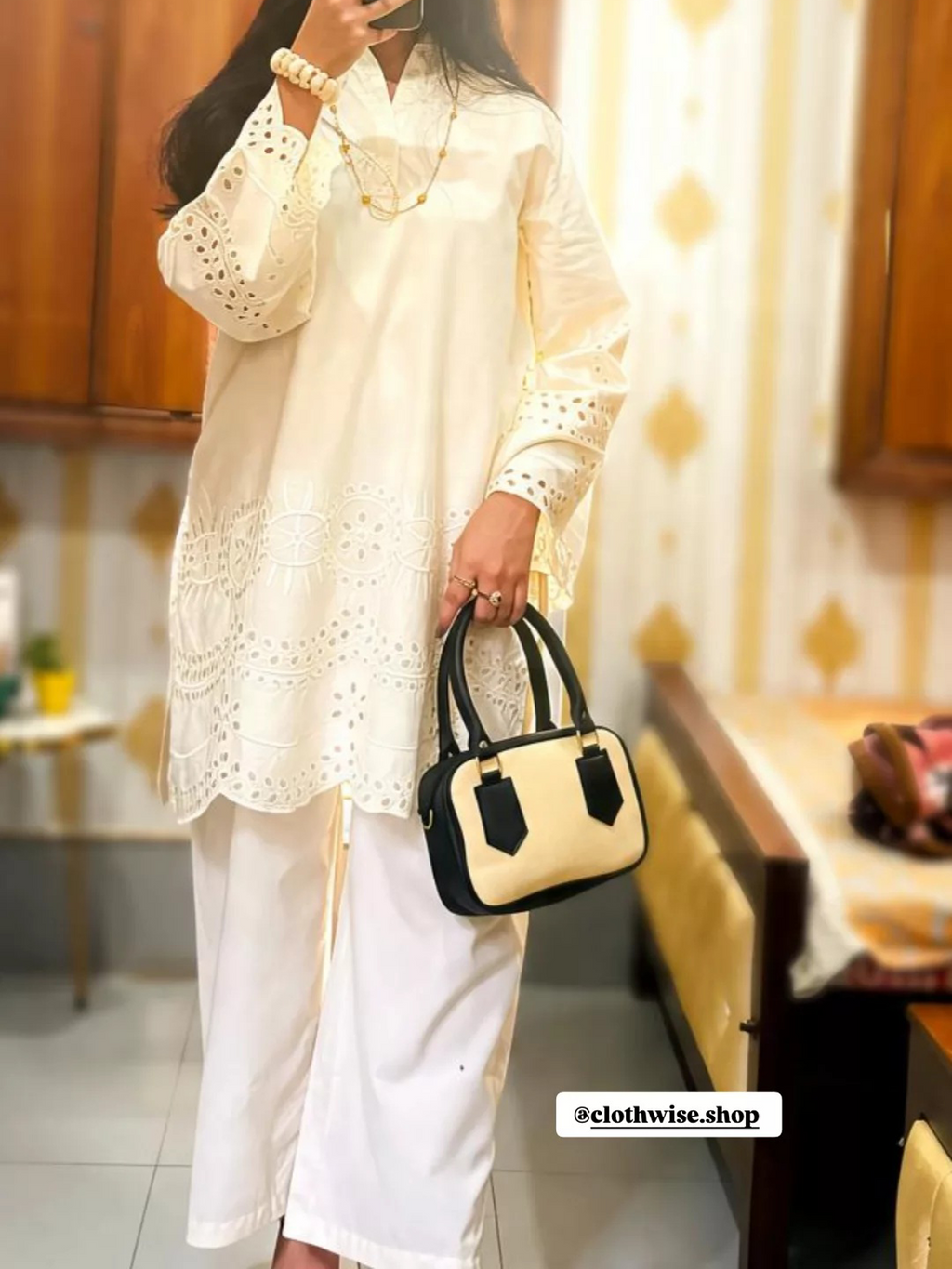 CottonCut Schiffli Embroidered Cotton 2-Piece Suit | Eyelet Kurta with Flapper