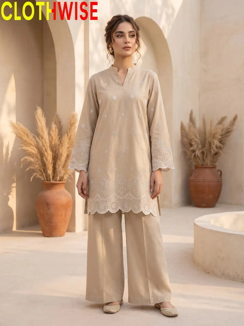A woman models a beige two-piece traditional outfit consisting of a long-sleeve embroidered kurta and matching wide-leg trousers, set against a warm, sunlit architectural background with pampas grass in terracotta pots. The brand name 'CLOTHWISE' is displayed in the top left corner.