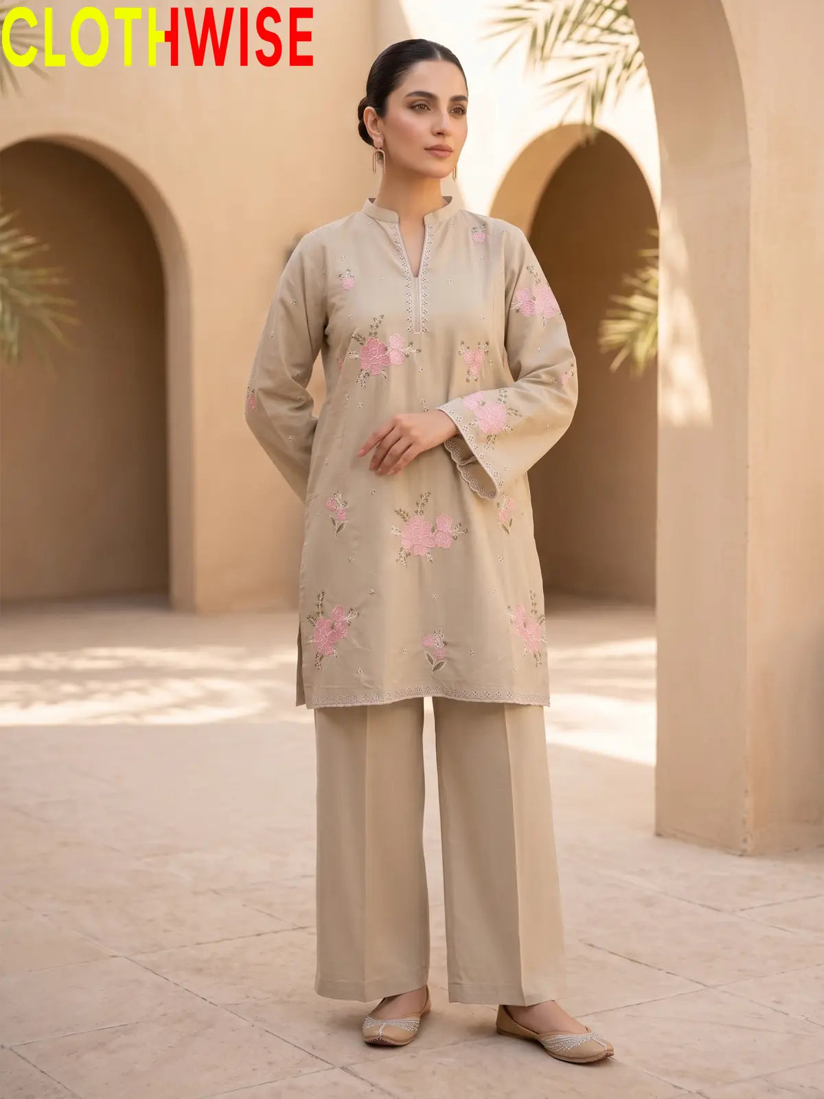 Beige blue 2-piece embroidered co-ord set with straight shirt and matching wide-leg trousers by CLOTHWISE