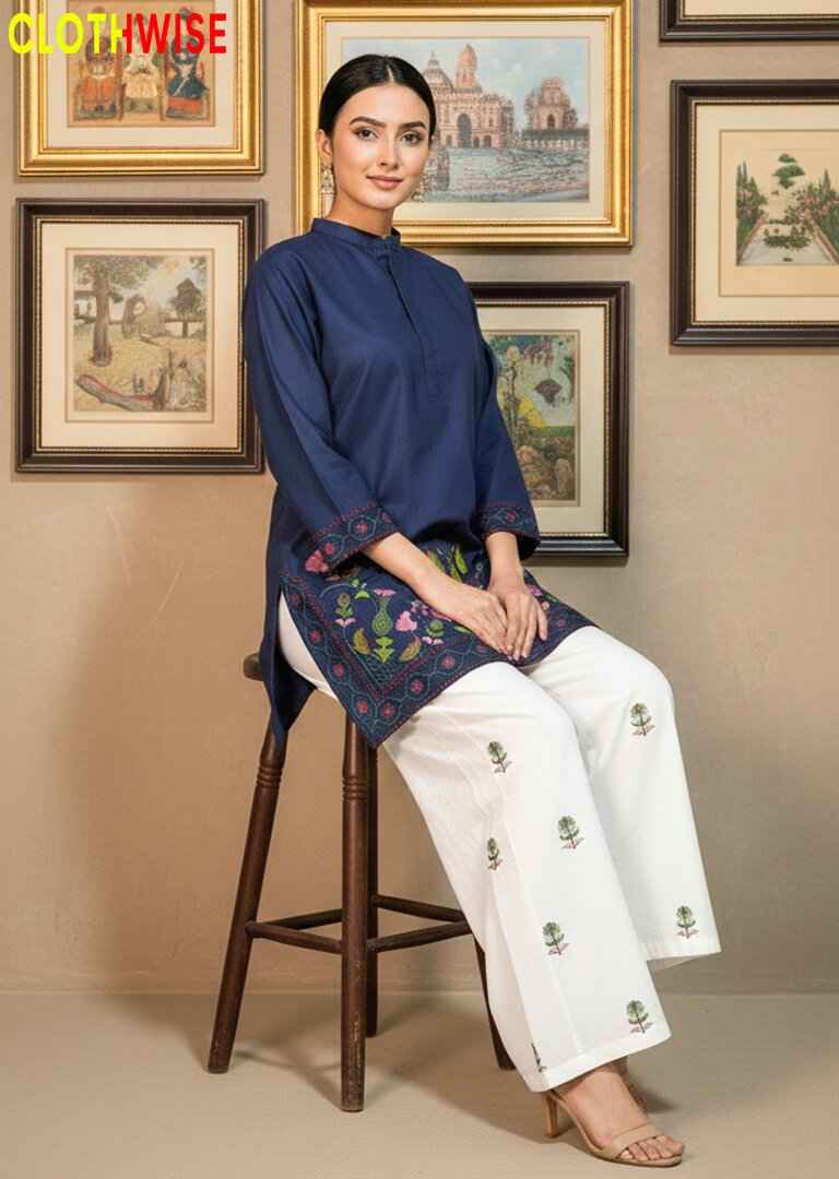 Shajar - Blue Tree Motif Embroidered Cotton 2PC Co-ord Set