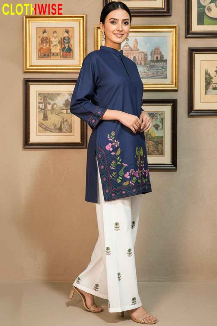 Shajar - Blue Tree Motif Embroidered Cotton 2PC Co-ord Set