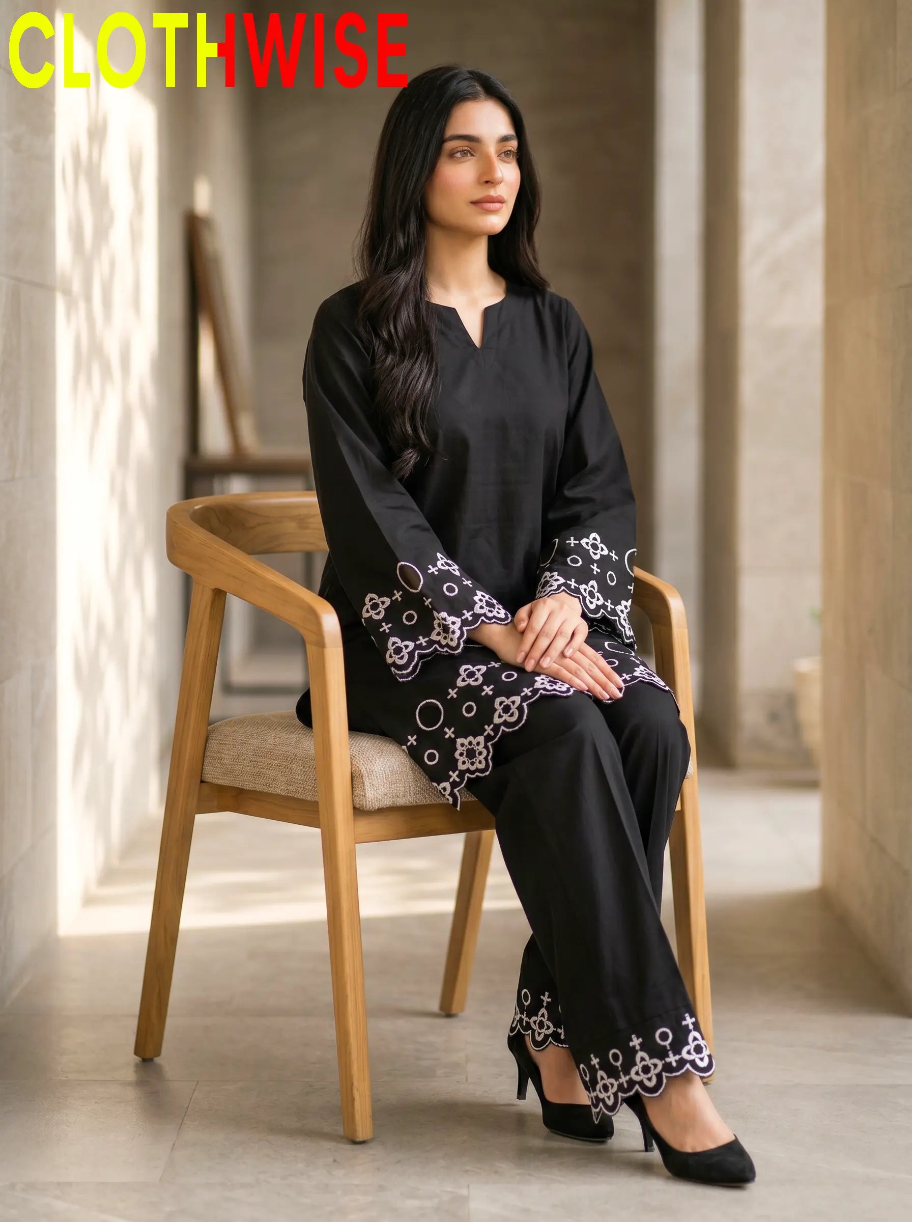 SAYA Black Chikankari Co-Ord Set - Sitting Pose Full View