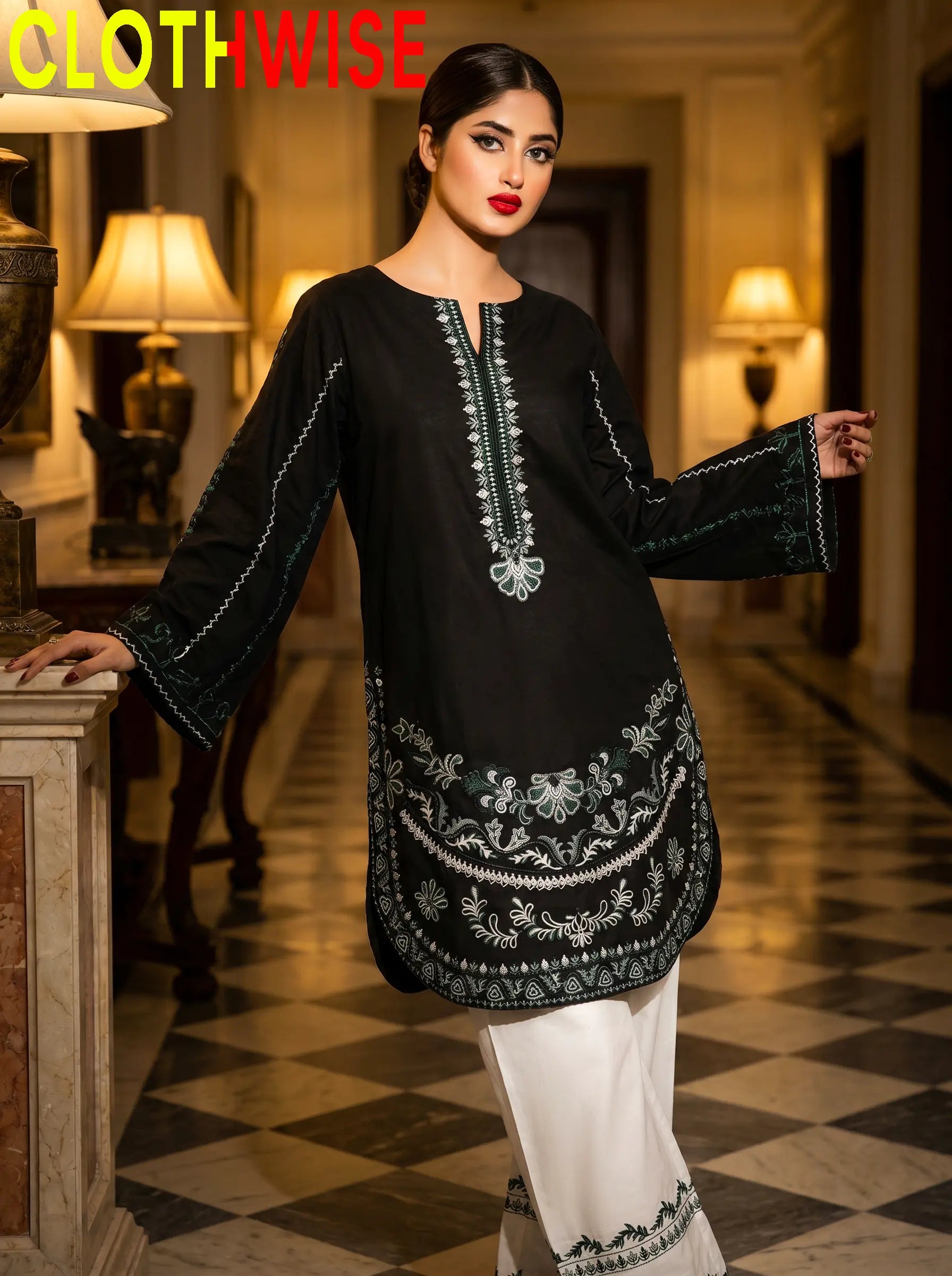 Naqsh Black Cotton Suit Closeup Embroidery Detail - Clothwise