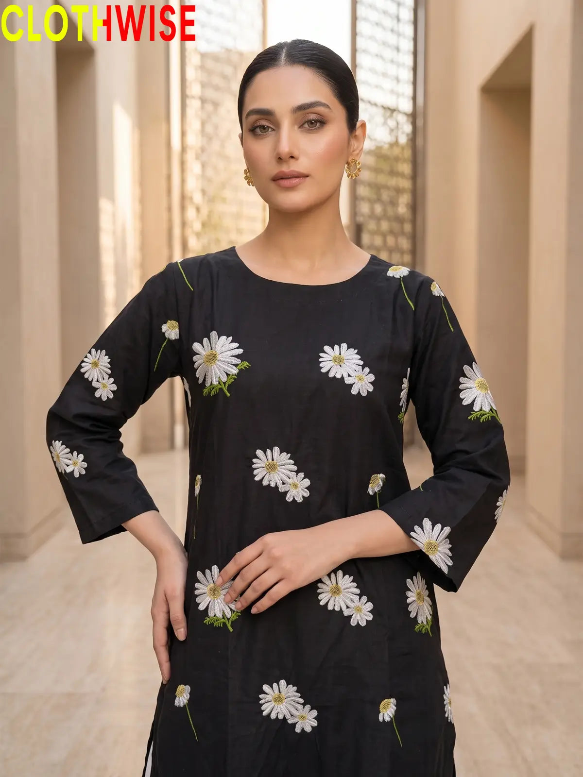 Daisy Black embroidered cotton suit - close up embroidery detail - CLOTHWISE