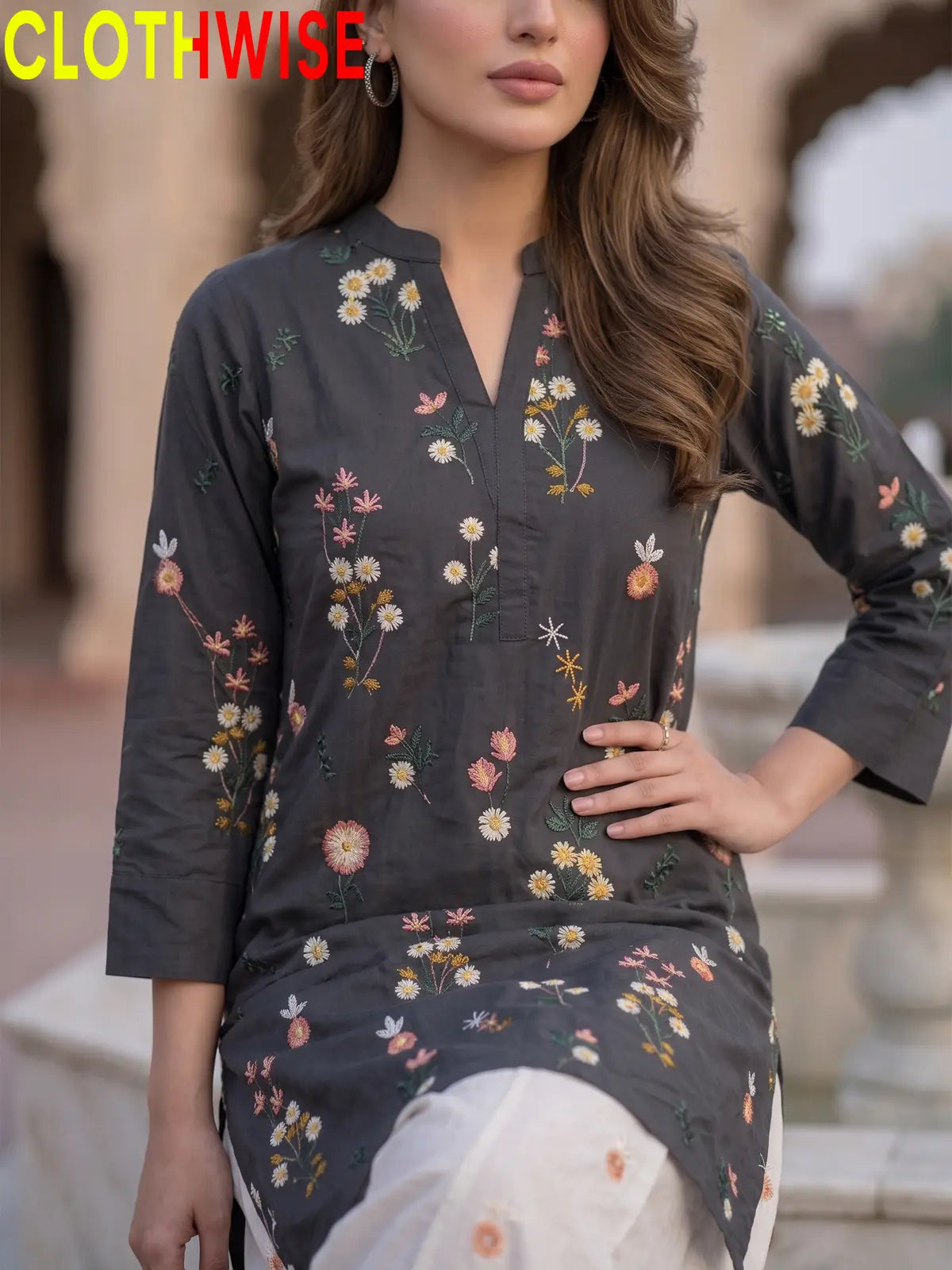 Nargiz embroidered 2-piece cotton suit in Black - embroidery closeup