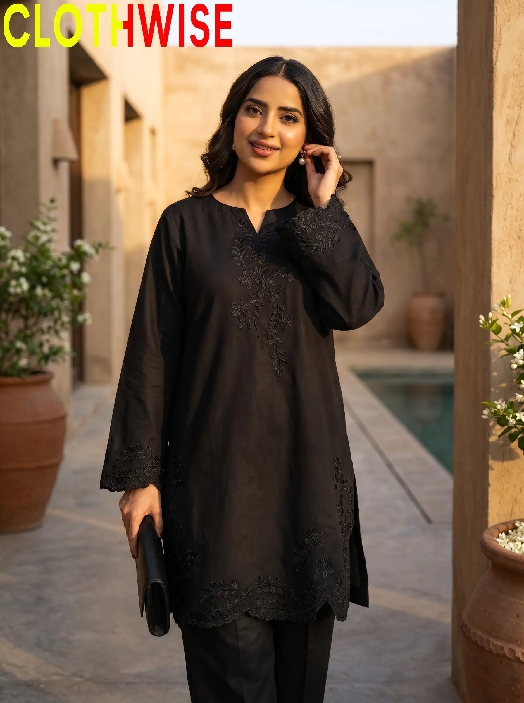 Gulkari Black Embroidered Co-ord Set Closeup – Cutwork Daman Detail by Clothwise