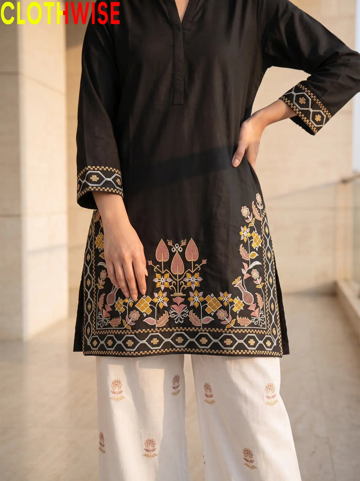 Shajar Black embroidered cotton suit embroidery close-up
