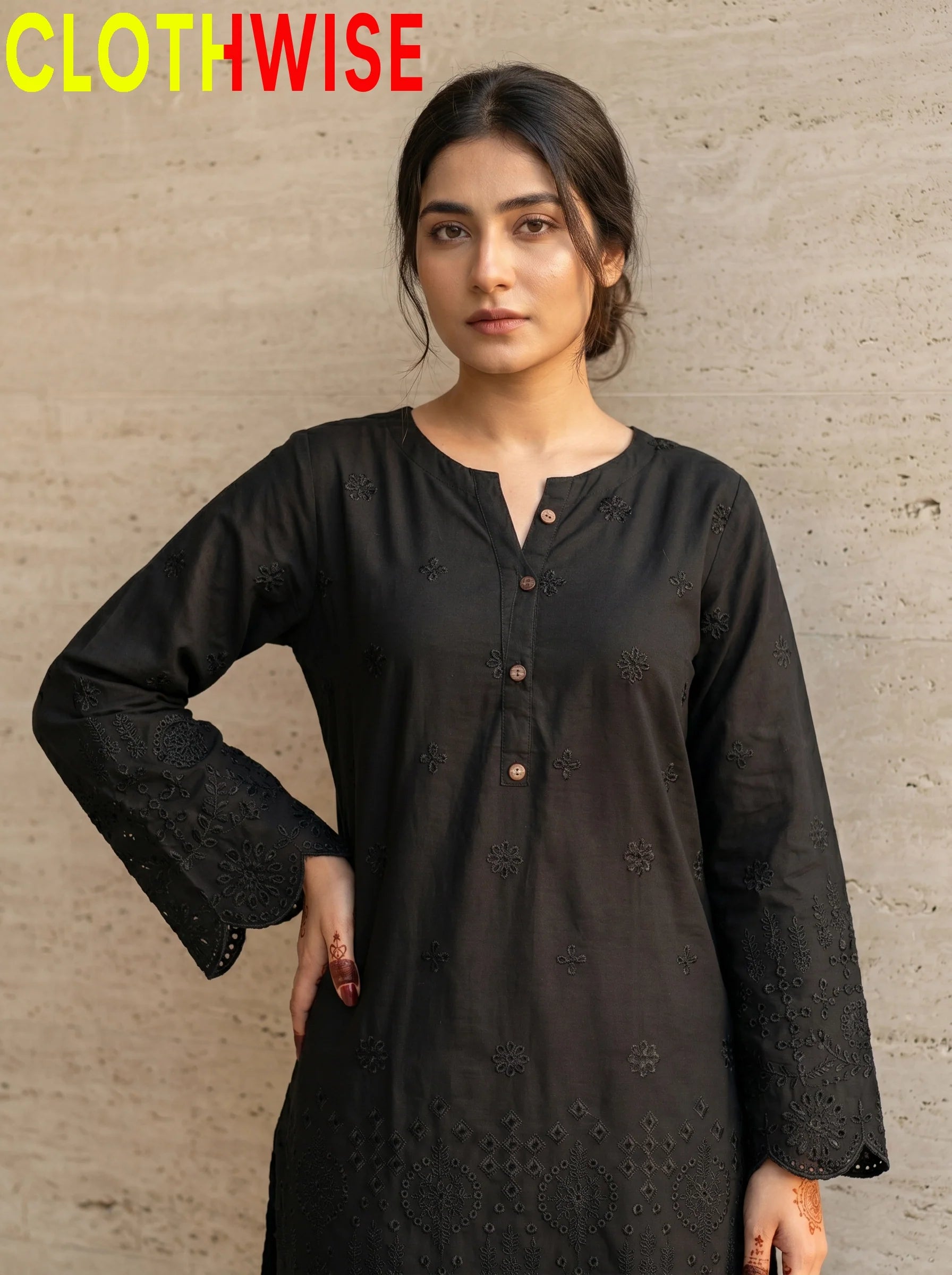 Midnight Chikankari Black suit close-up of chikankari embroidery and cutwork daman detailing | Clothwise