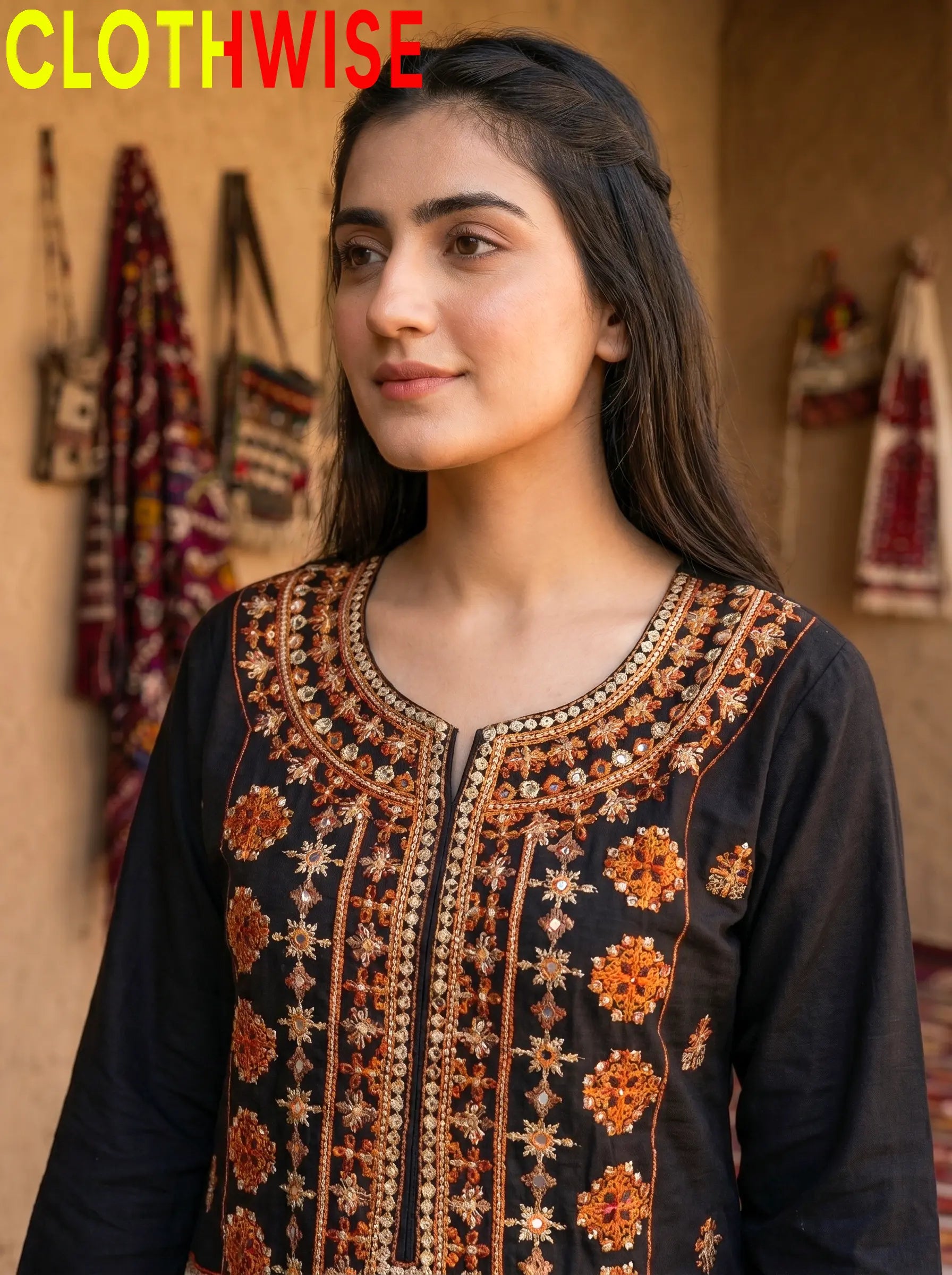 Dasht Black Embroidered Top with Printed Flapper Close-up Detail – Clothwise