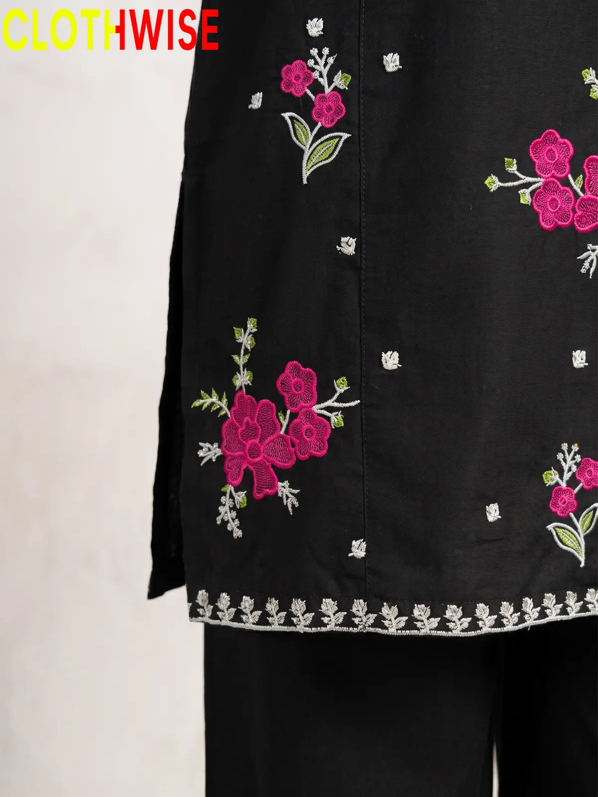 Marias Black embroidered co-ord set - daman closeup - CLOTHWISE