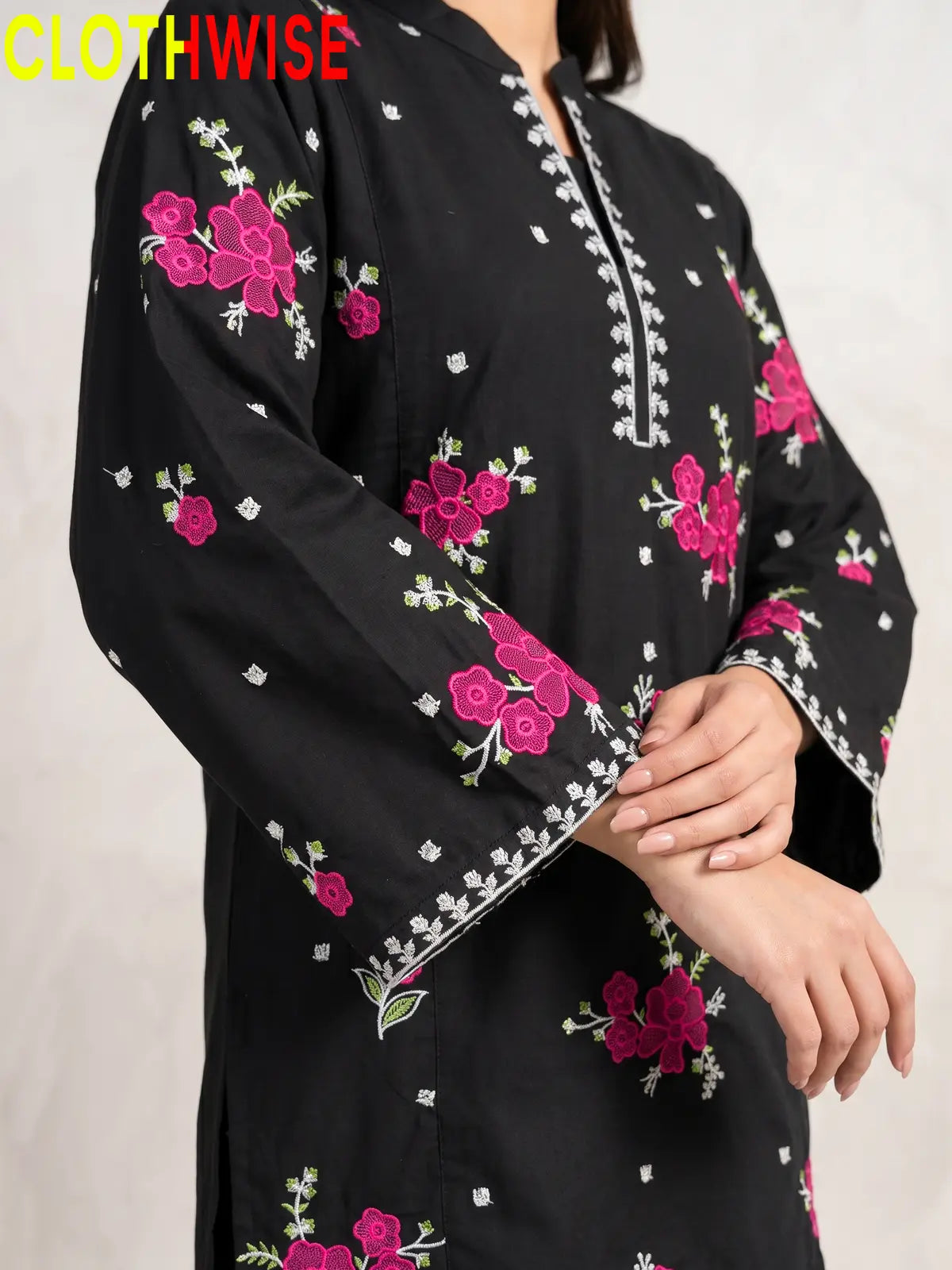 Marias Black embroidered co-ord set - sleeves closeup - CLOTHWISE
