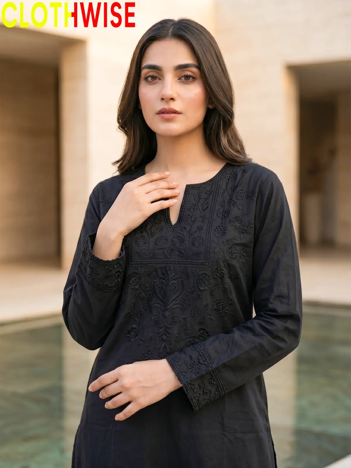 Ebony Embroidered Co-ord Set – Black on Black | 2-Pcs Stitched Lawn Suit - Pakistani Women Pret | CLOTHWISE