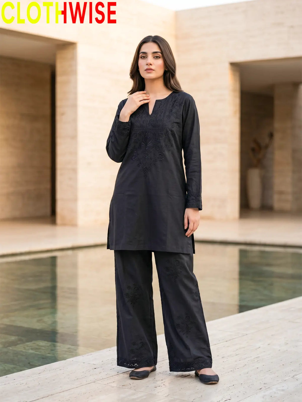 Ebony Black Embroidered Co-ord Set – Standing Full View | CLOTHWISE