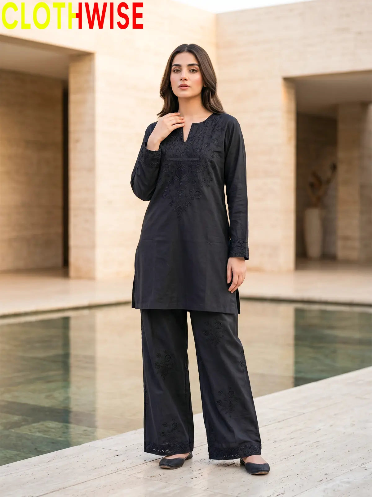 Ebony Black Embroidered Co-ord Set – Standing Full View | CLOTHWISE