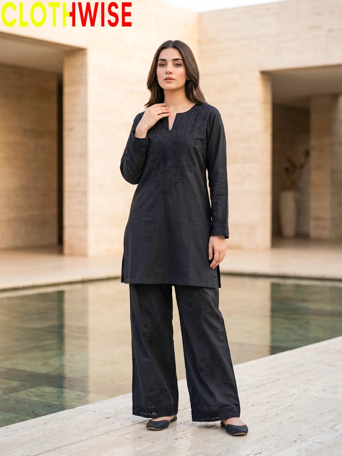 Ebony Embroidered Co-ord Set – Black on Black | 2-Pcs Stitched Lawn Suit - Pakistani Women Pret | CLOTHWISE