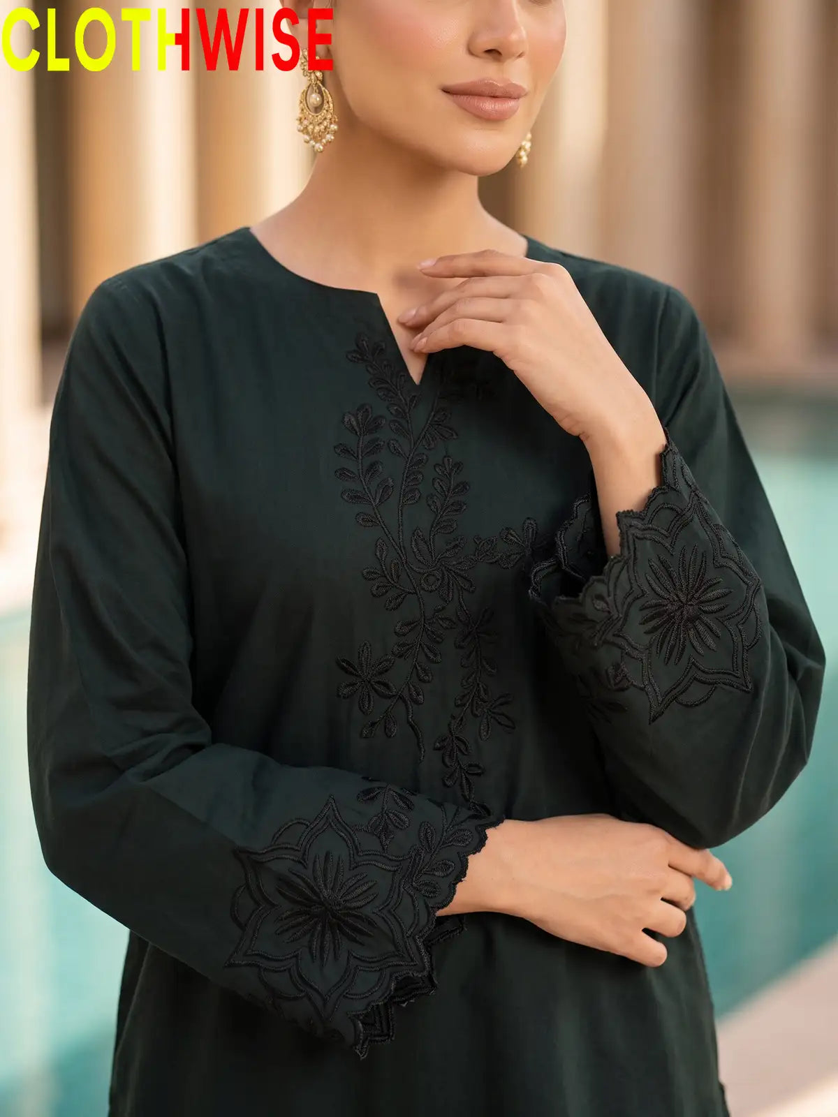 Gulkari Black and Green 2-Piece Embroidered Suit - close-up embroidery and scallop cutwork detail