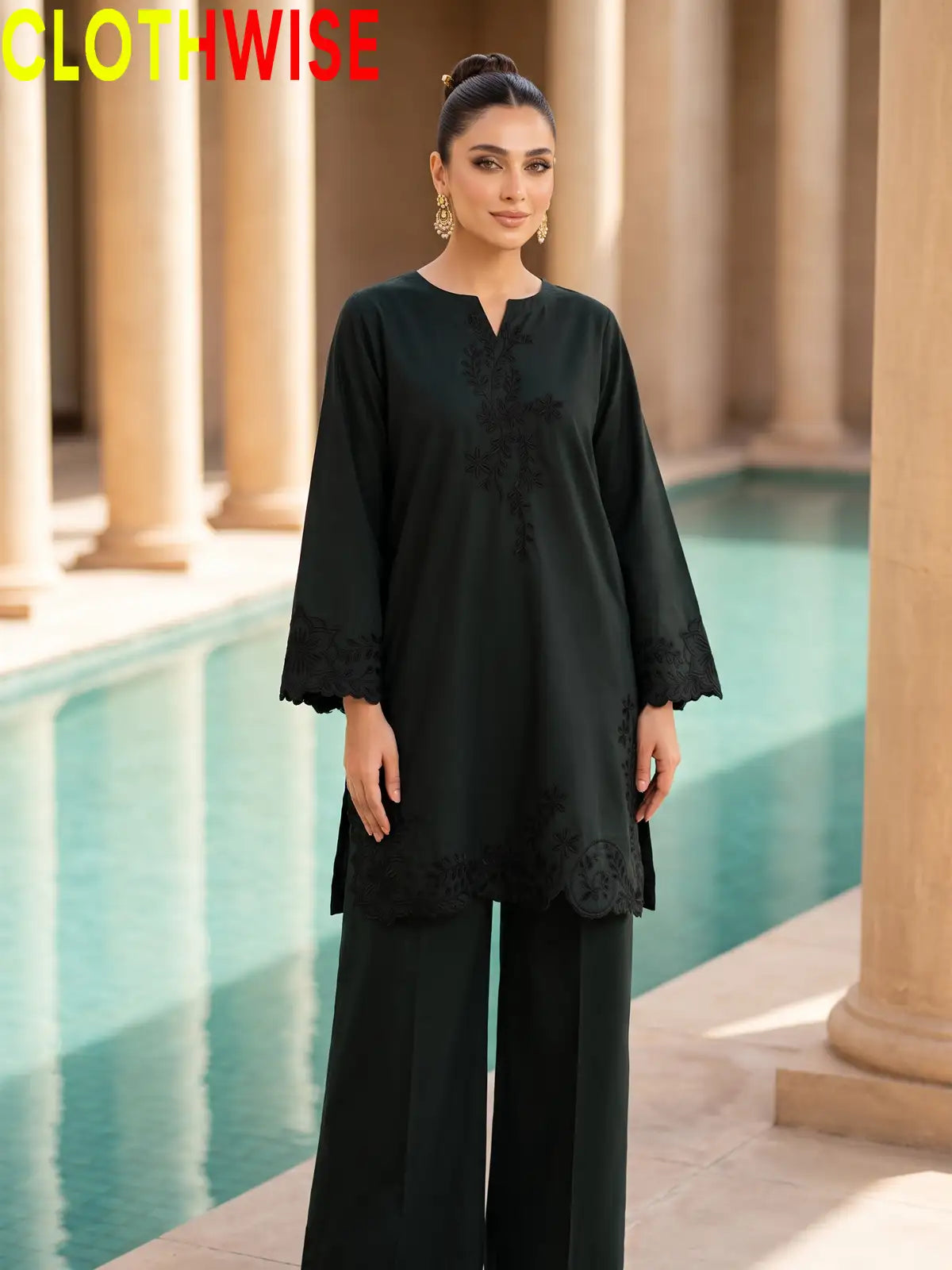 Gulkari Black and Green 2-Piece Embroidered Suit - standing view