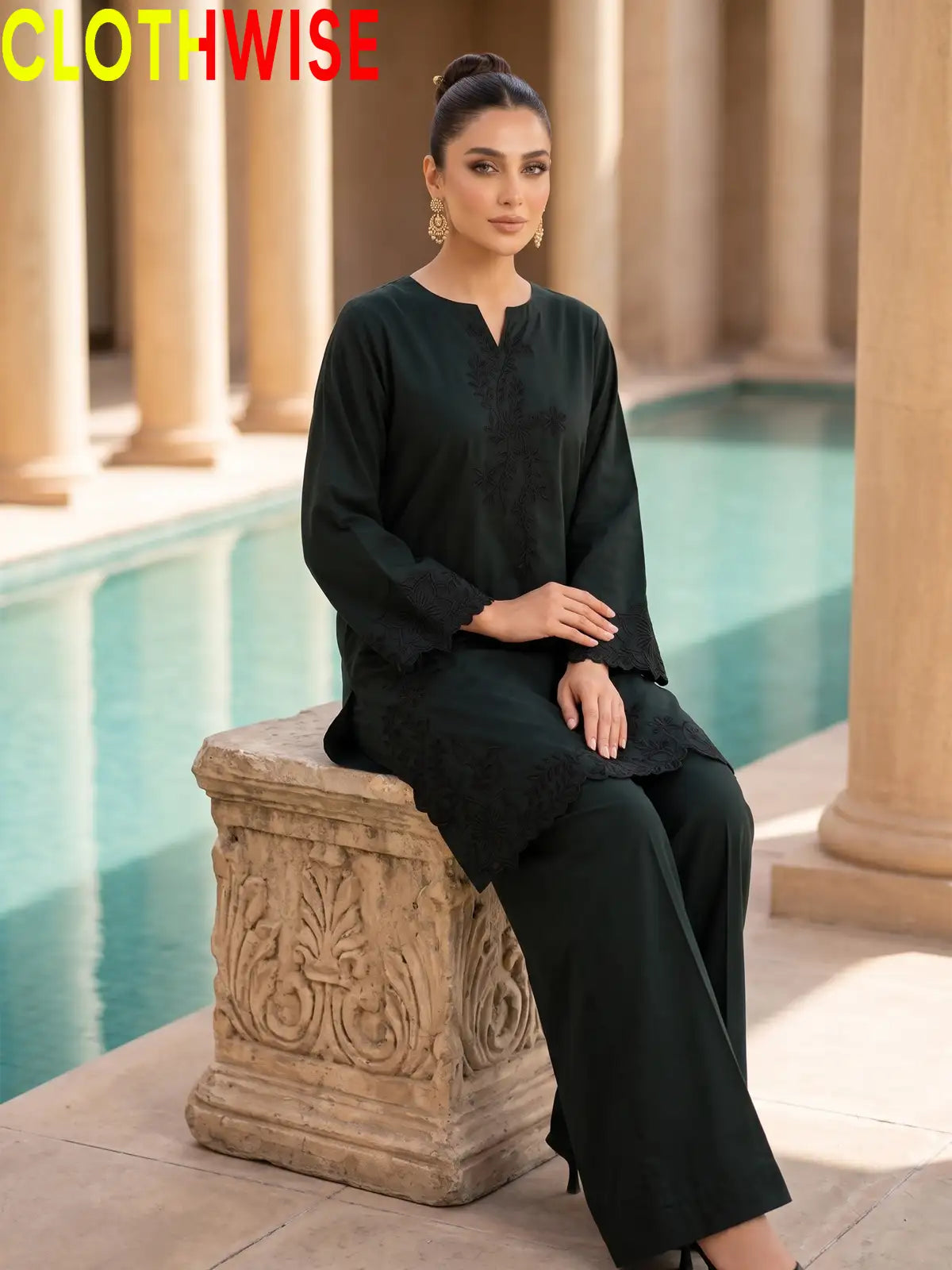 Gulkari Black and Green 2-Piece Embroidered Suit - sitting view