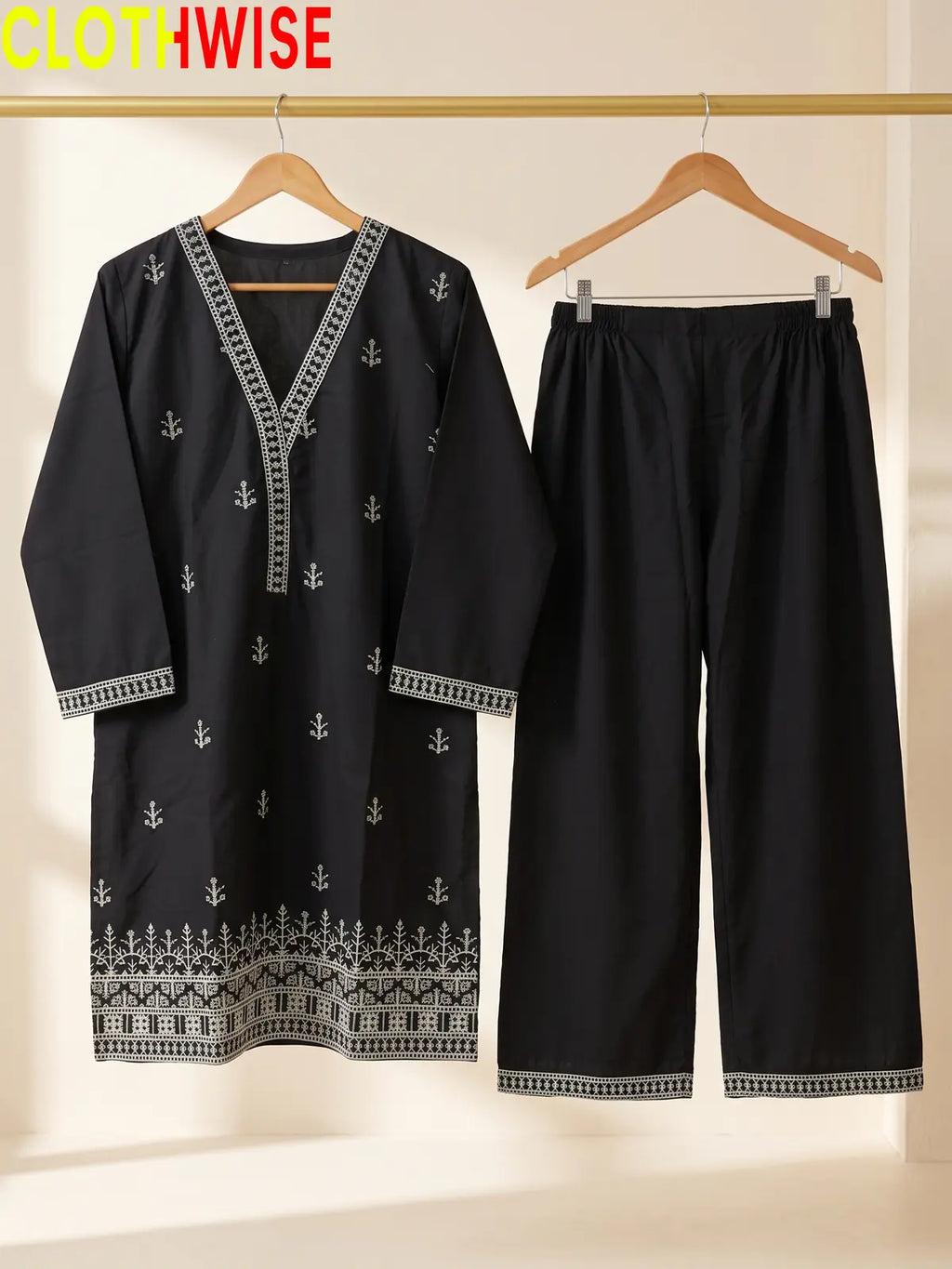Black Cross Stitch embroidered cotton suit on hanger – CLOTHWISE