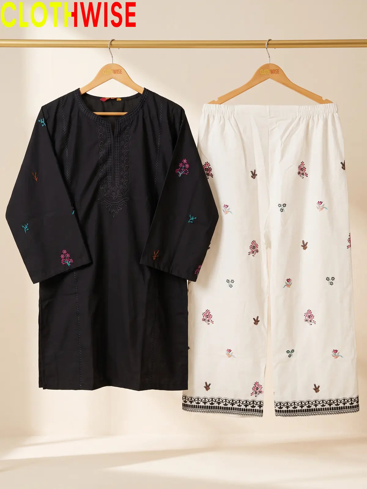 Anaya Black 2-piece embroidered cotton suit - on hanger