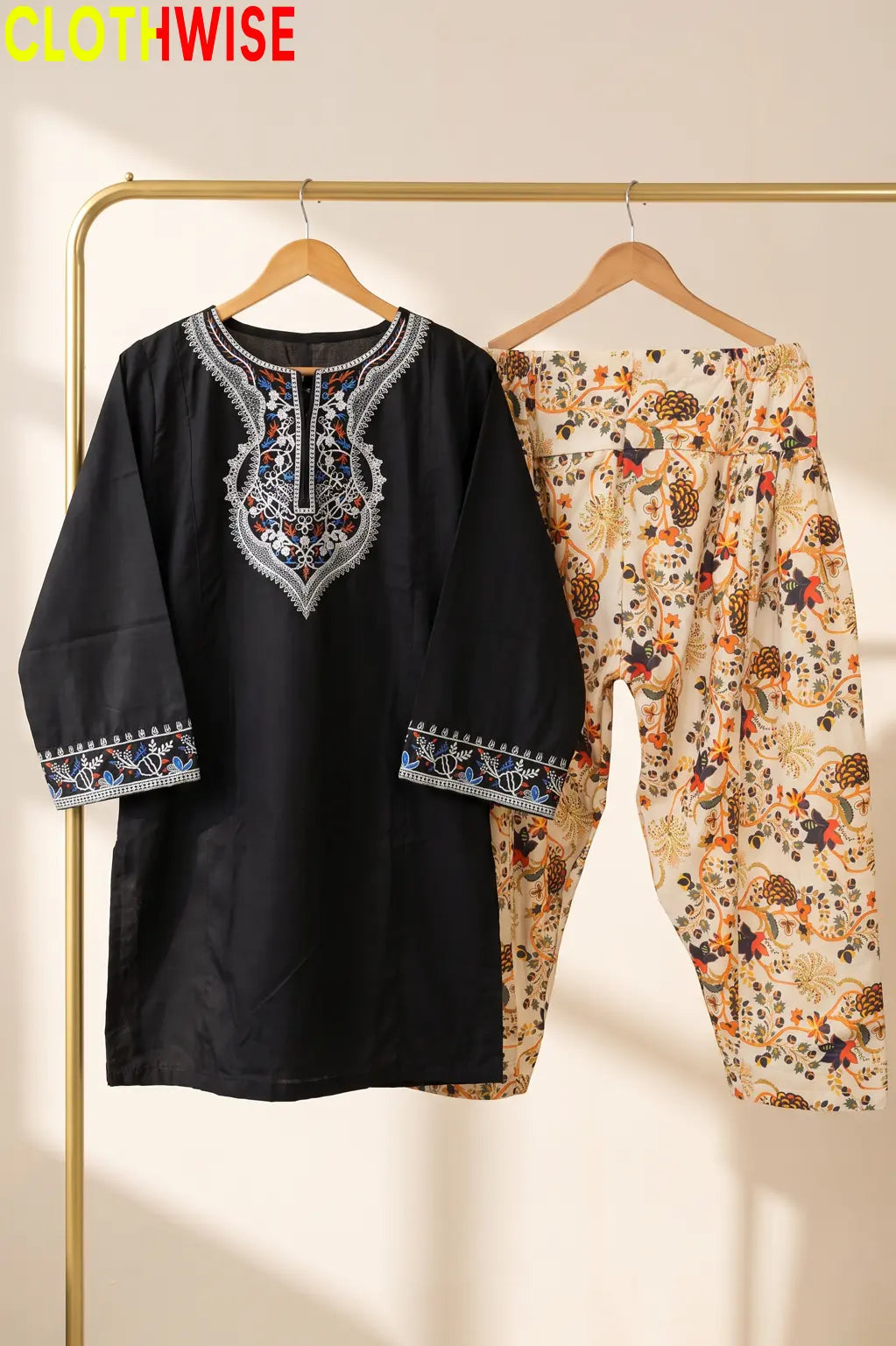 Ishq Black Embroidered Cotton Suit – Hanger View