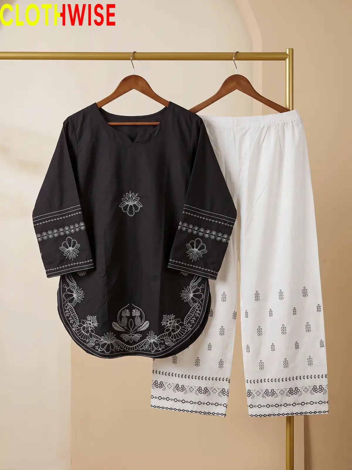 Petal – Embroidered 2-Piece Cotton Co-ord Set with Gol Daman Top & Flared Flapper Bottom | Black