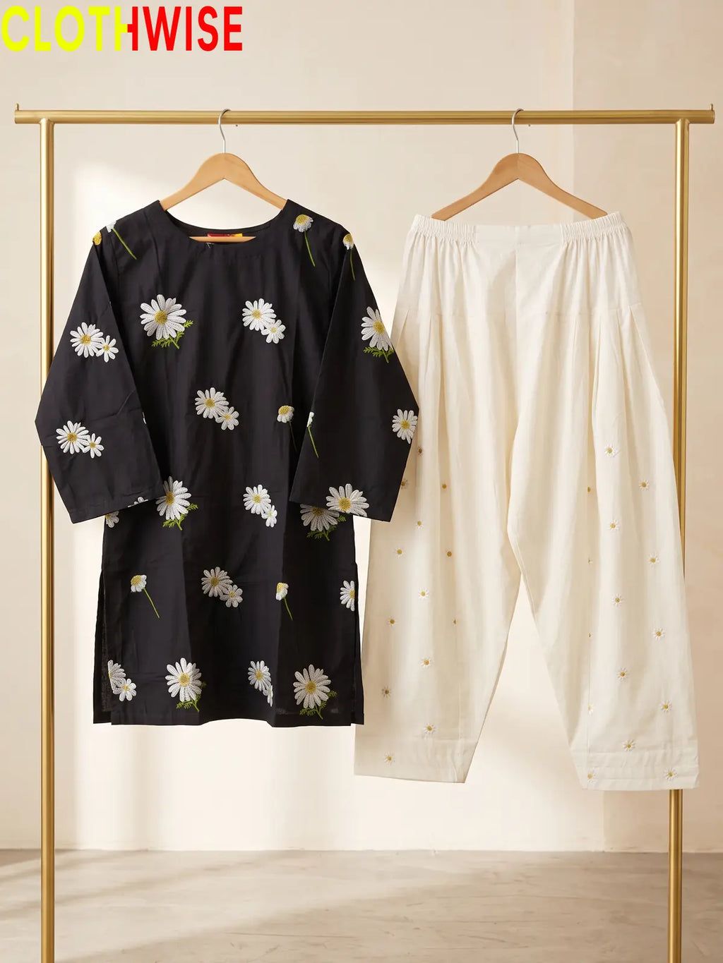 Daisy Black embroidered cotton suit - hanger view - CLOTHWISE