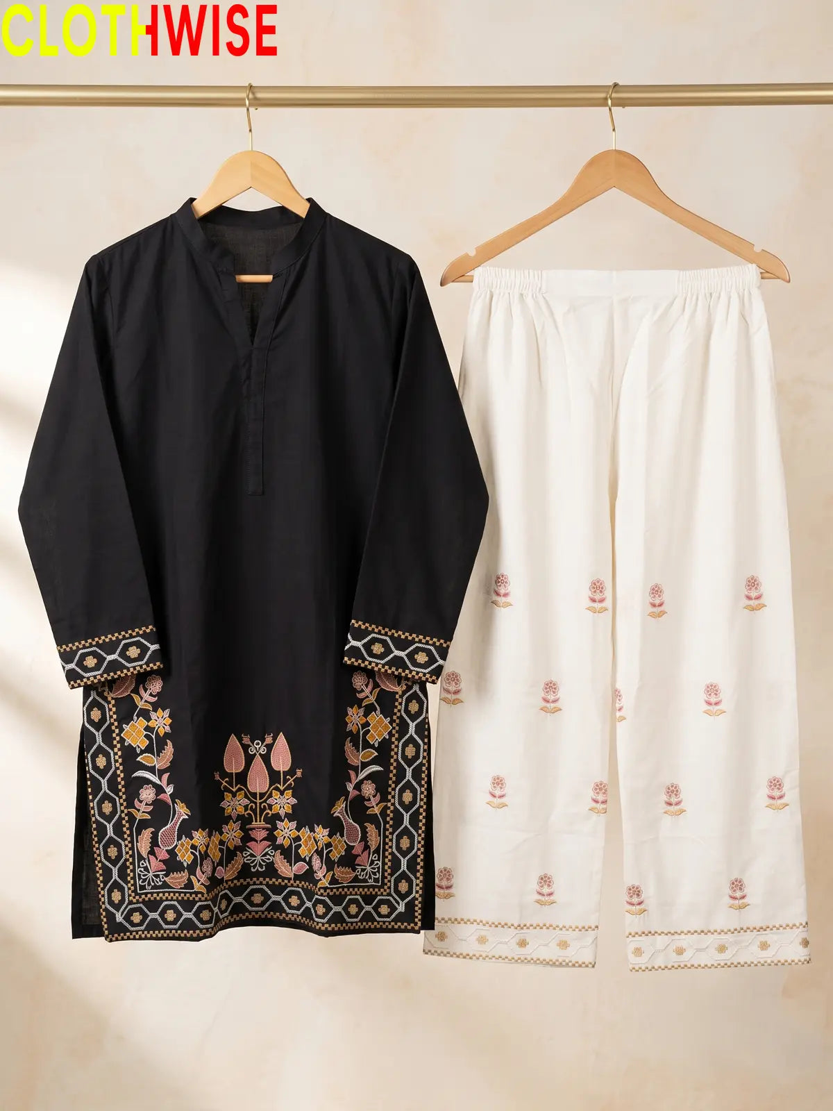Shajar Black embroidered 2-piece cotton suit on hanger