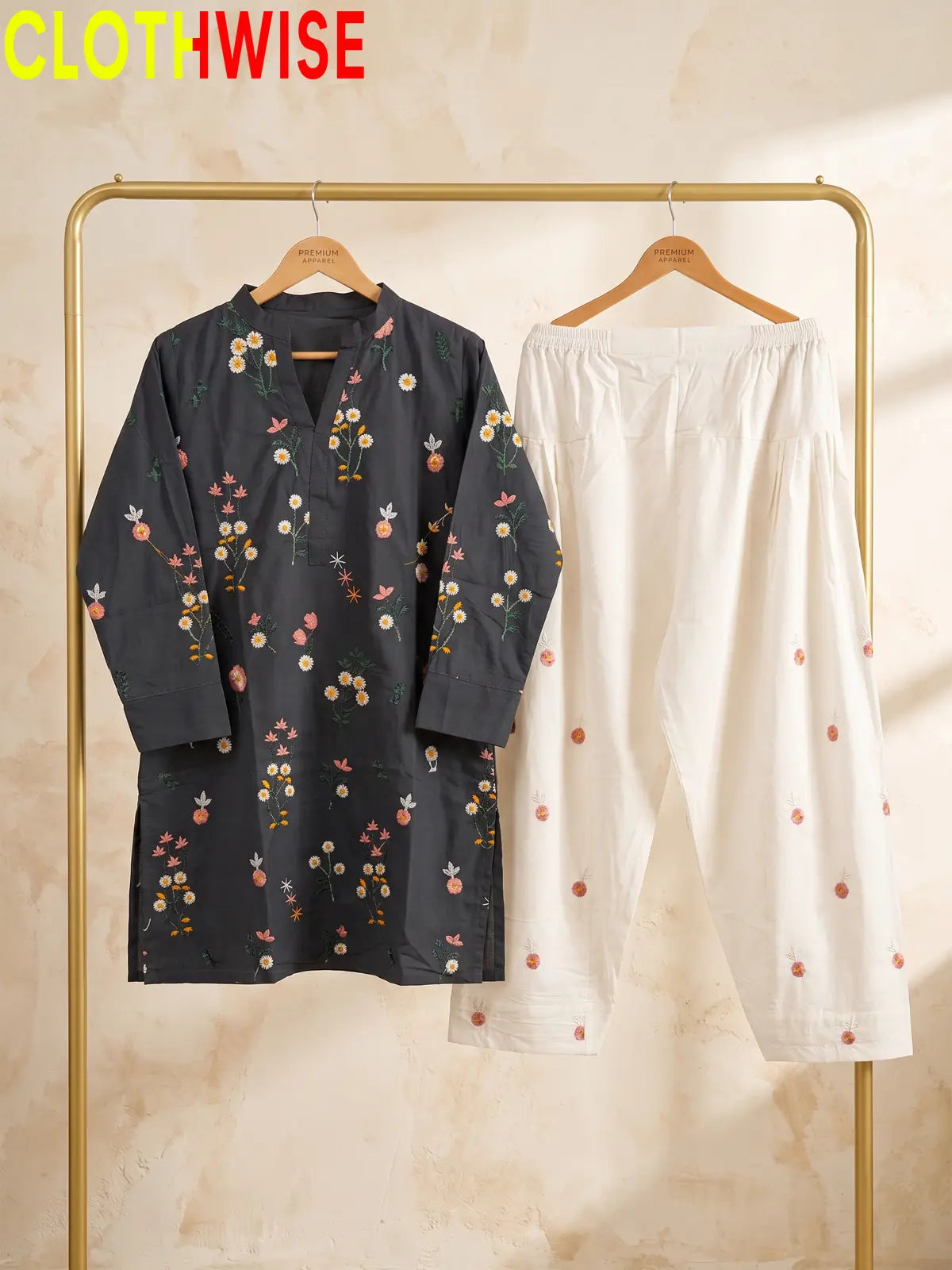 Nargiz embroidered 2-piece cotton suit in Black - hanger front view
