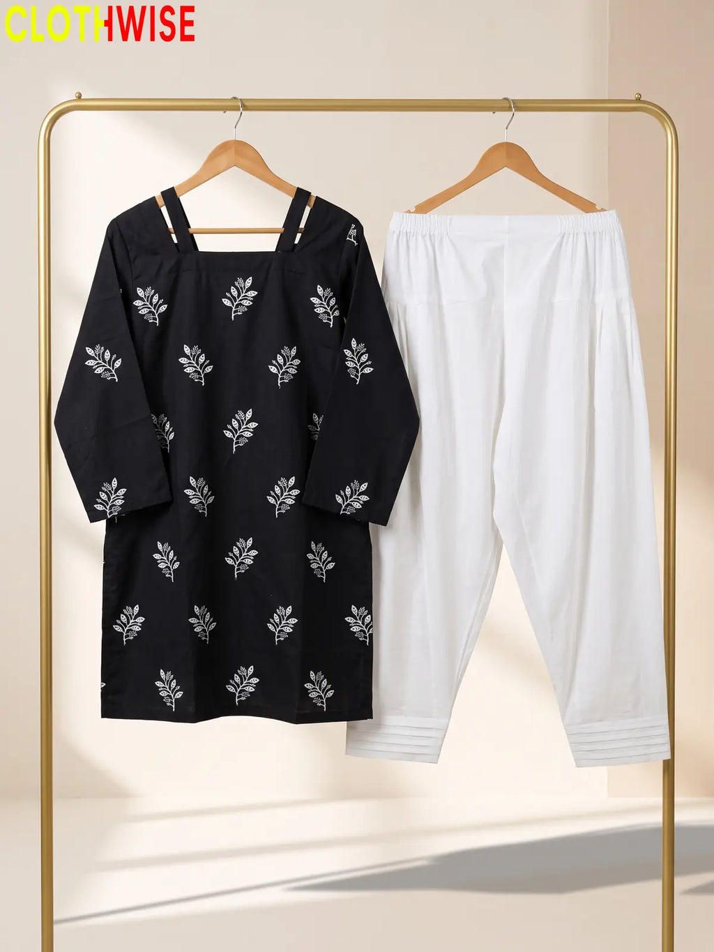Hoor Black 2-piece embroidered cotton suit hanging view - CLOTHWISE