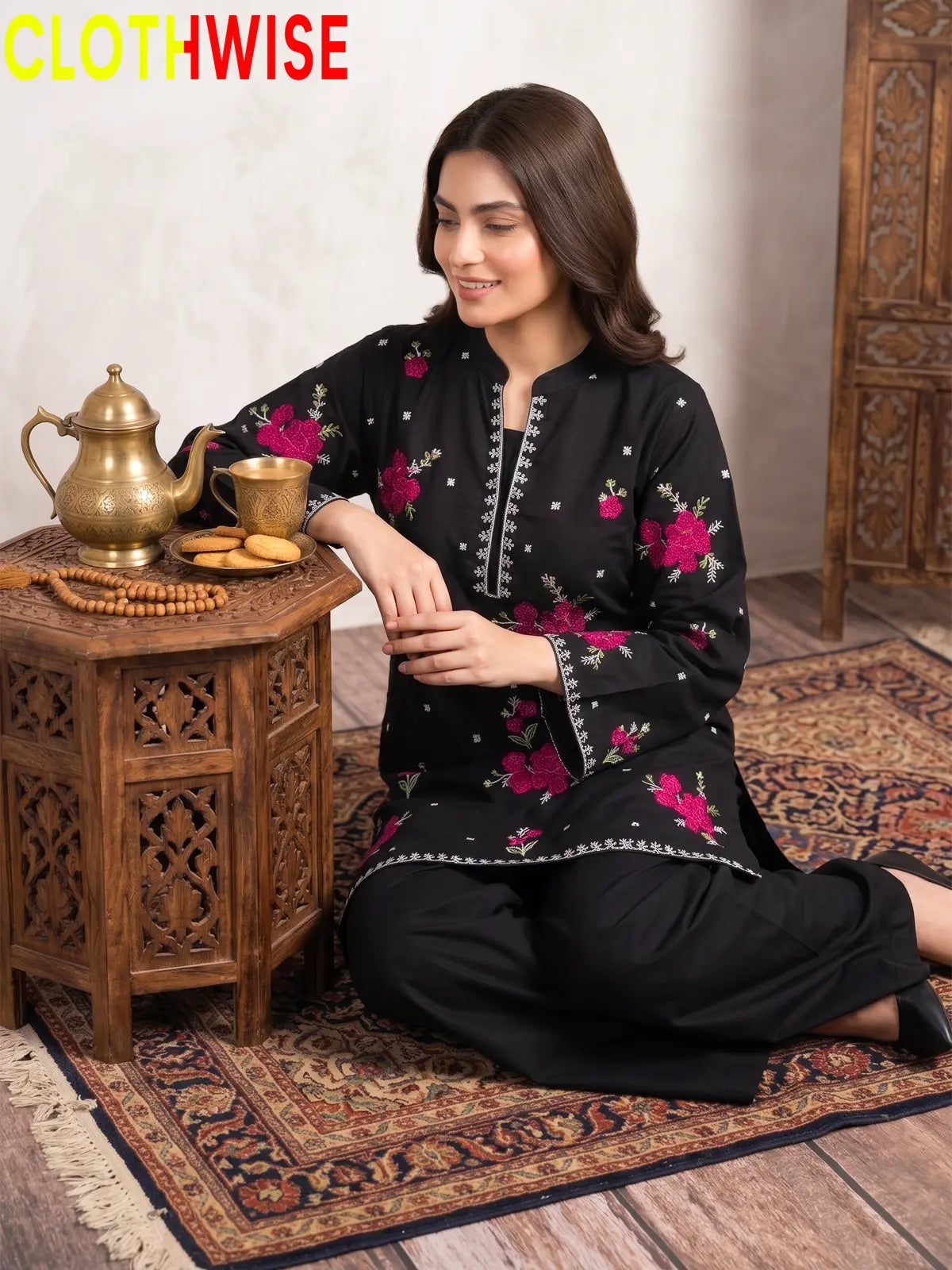 Marias Black embroidered co-ord set - sitting - CLOTHWISE