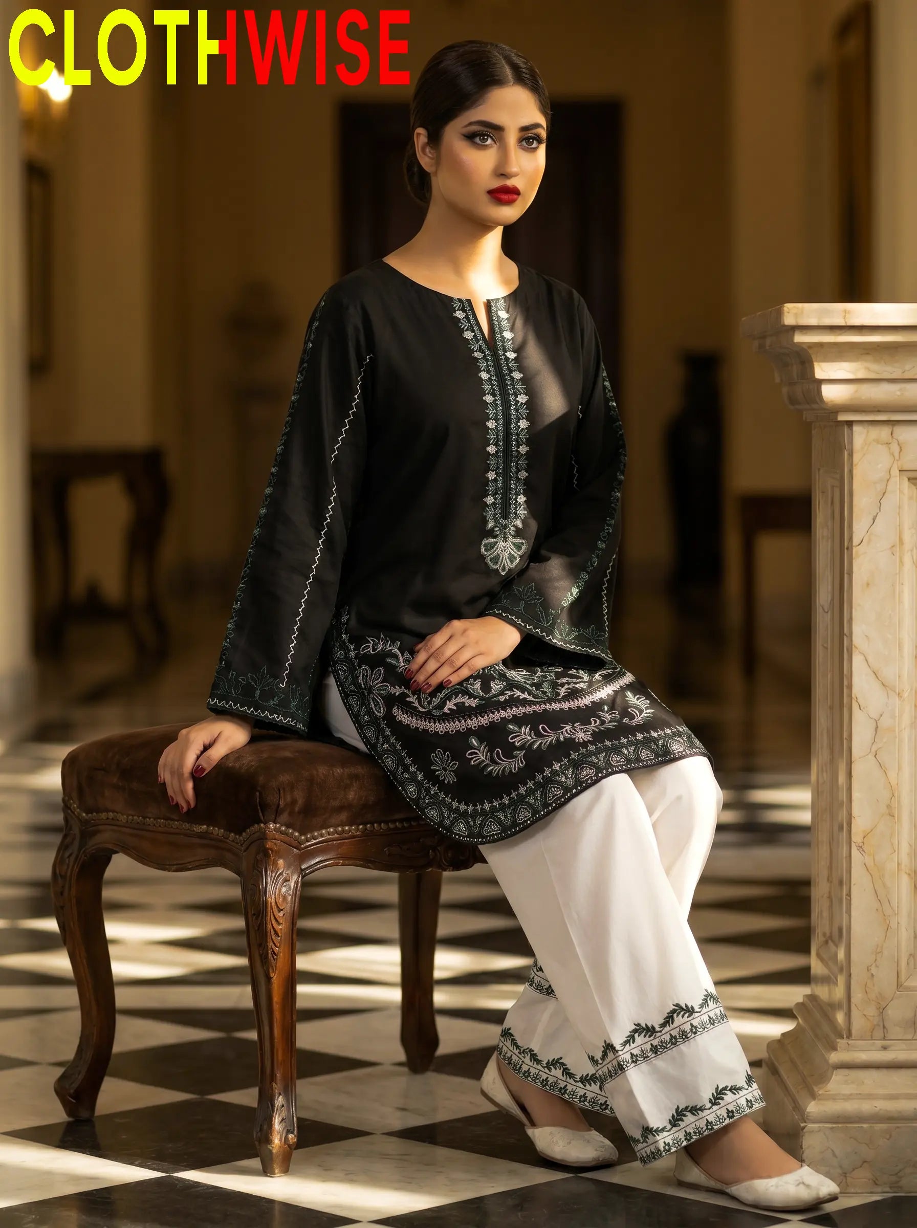 Naqsh Black Bottom Flapper Cotton Suit Sitting Pose - Clothwise
