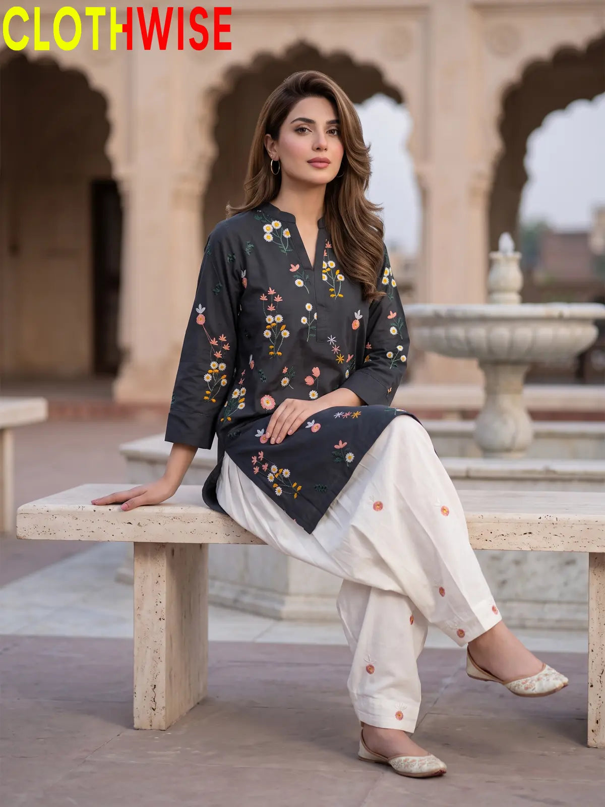 Nargiz embroidered 2-piece cotton suit in Black - sitting view