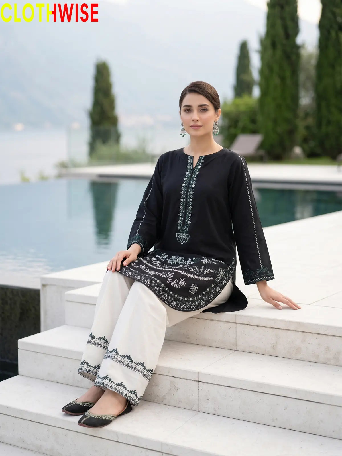 Naqsh Black embroidered 2-piece cotton suit - sitting view